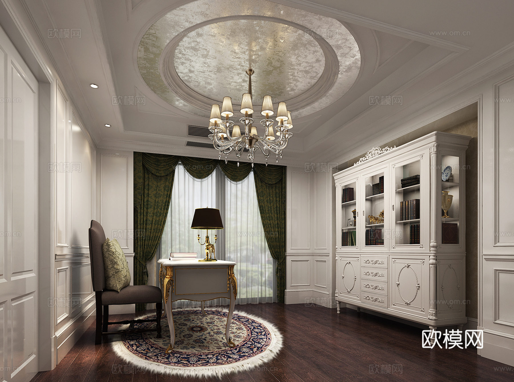欧式古典欧式书房 书柜 吊灯 书桌 窗帘3d模型下载