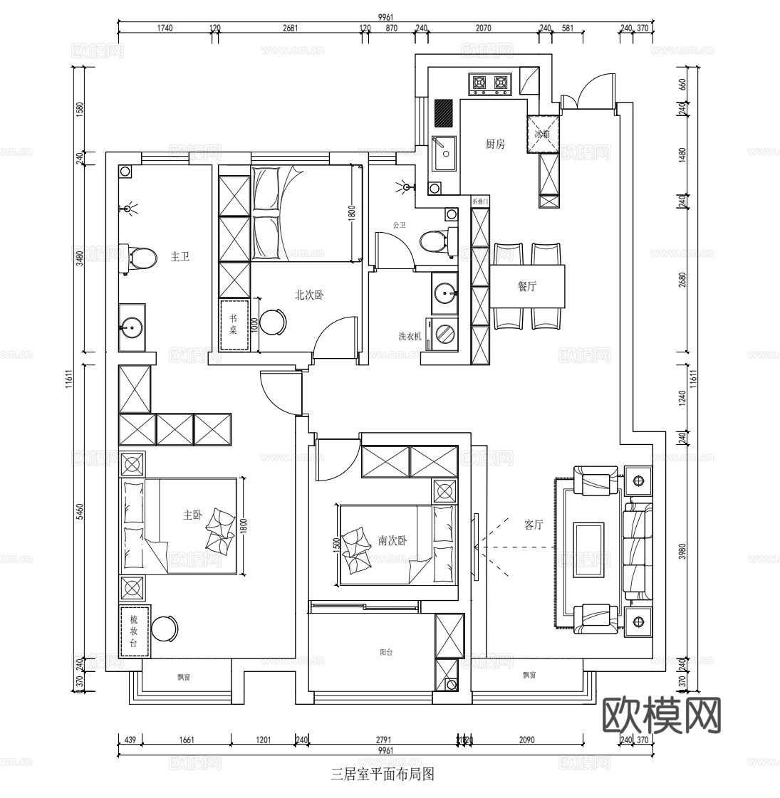 三居室平面布局图cad施工图
