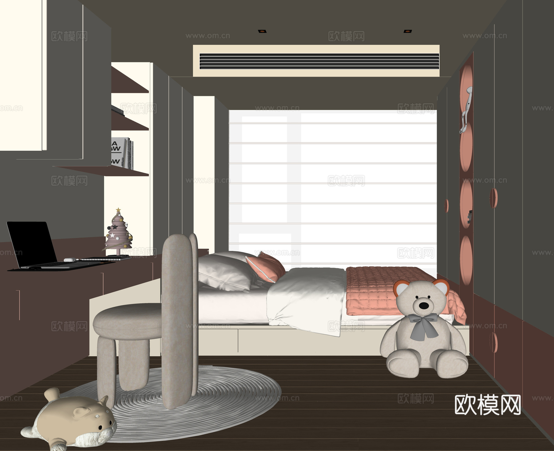 现代榻榻米卧室 儿童房 女儿房 女孩房su模型