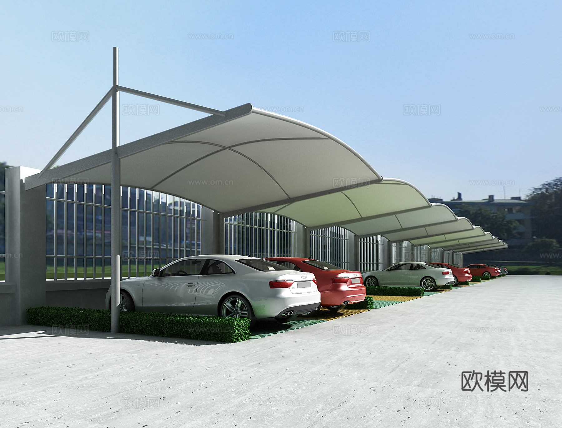 现代雨棚 停车位 绿化带 地铺3d模型下载
