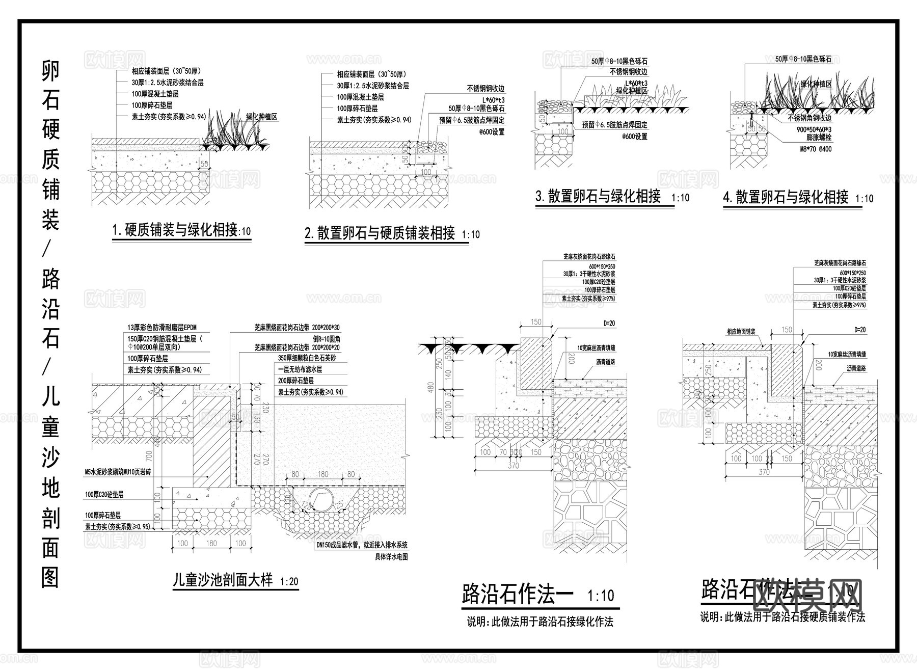 路沿石铺装 卵石硬质铺装  儿童沙地剖面图 景观节点cad施工图