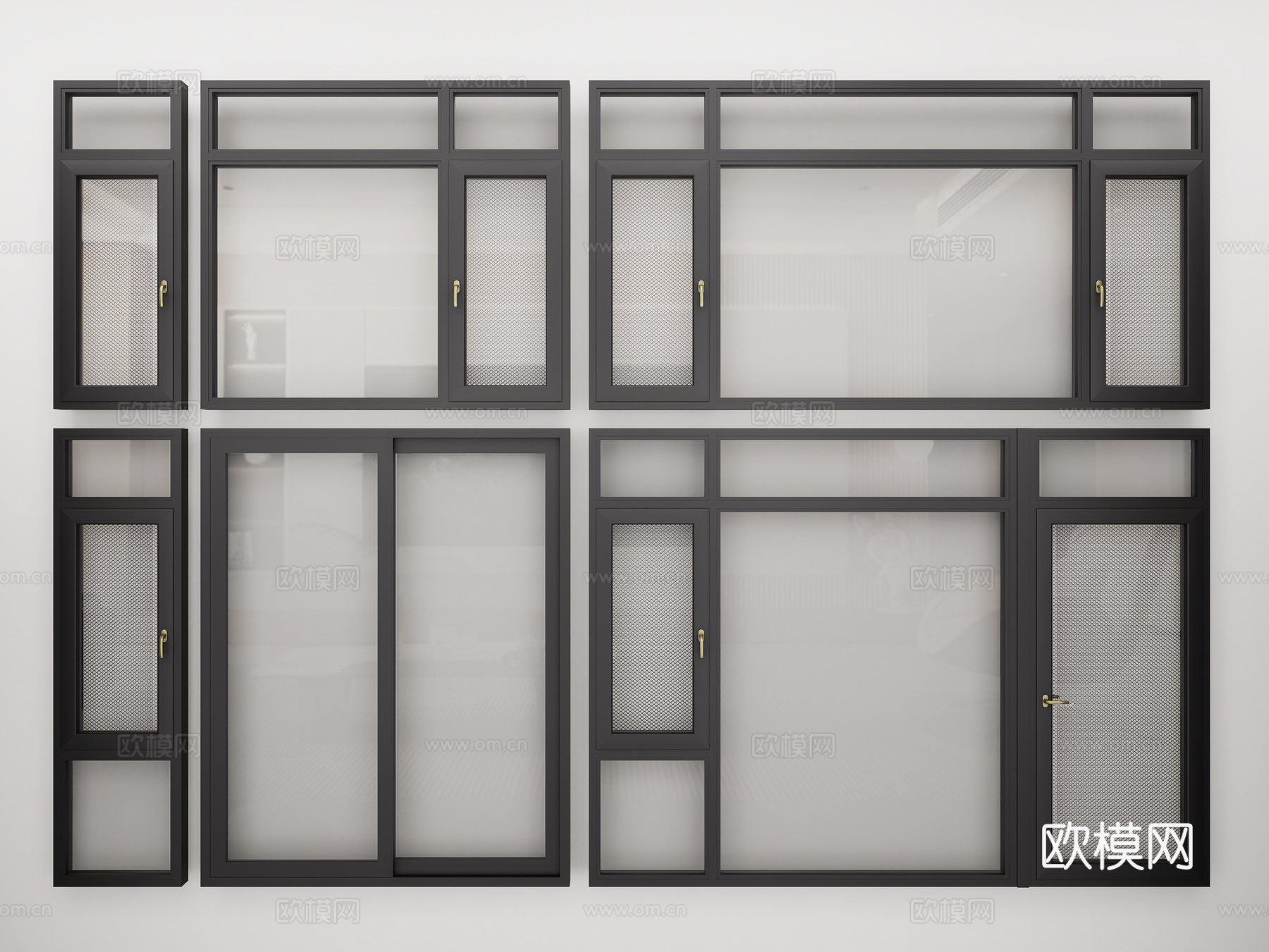 现代铝合金窗户组合 门联窗 平开窗 推拉门 玻璃平开窗组合su模型