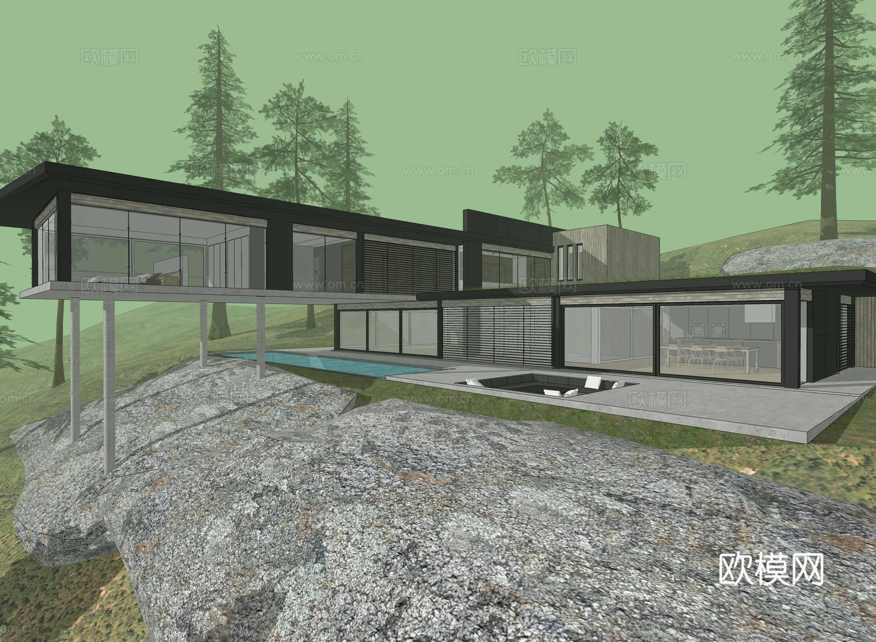 现代山地民宿 别墅建筑 平顶su模型