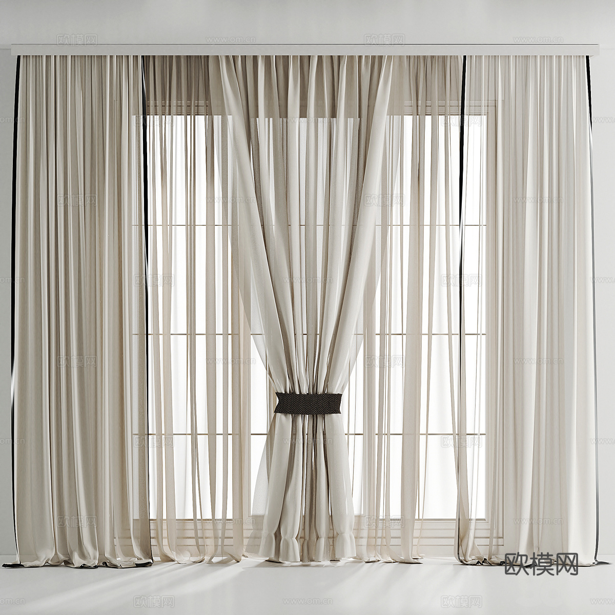 新中式布艺窗帘3d模型下载（渲染图2）