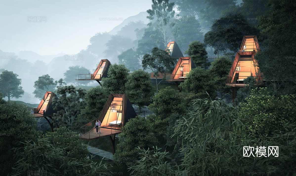 现代森林木屋民宿建筑 度假别su模型