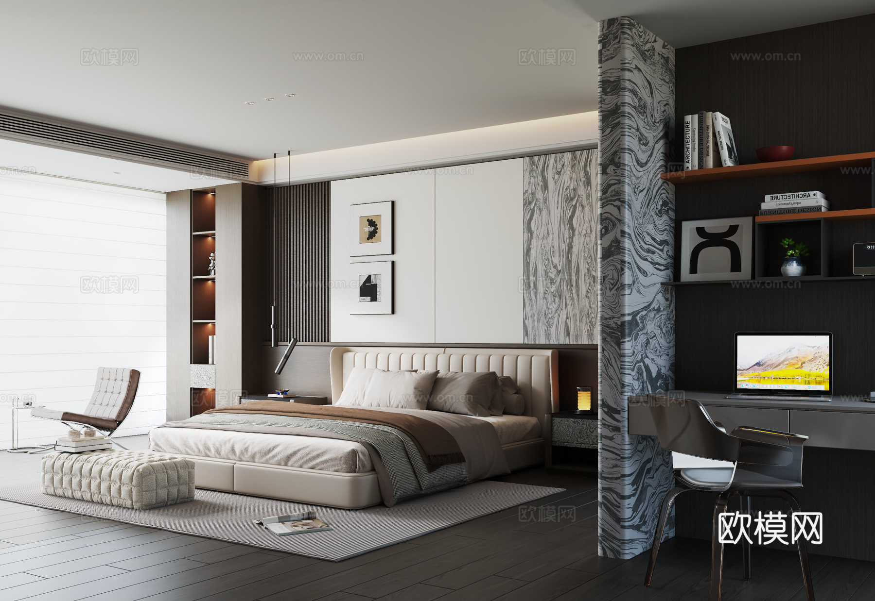 意式现代卧室 双人床 床头柜 书柜 书桌椅su模型