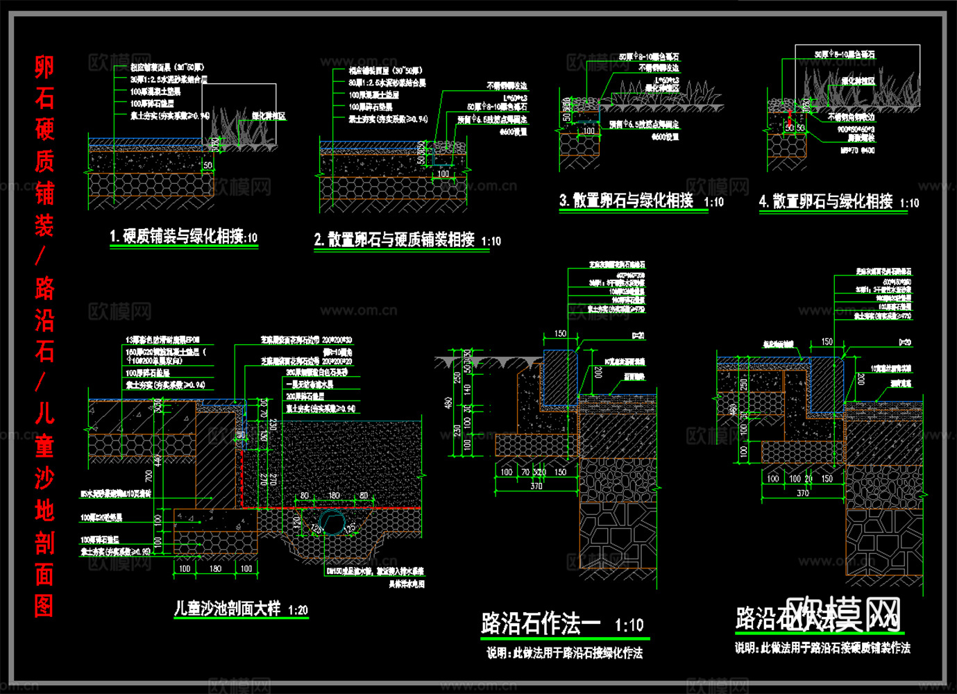 路沿石铺装 卵石硬质铺装  儿童沙地剖面图 景观节点cad施工图