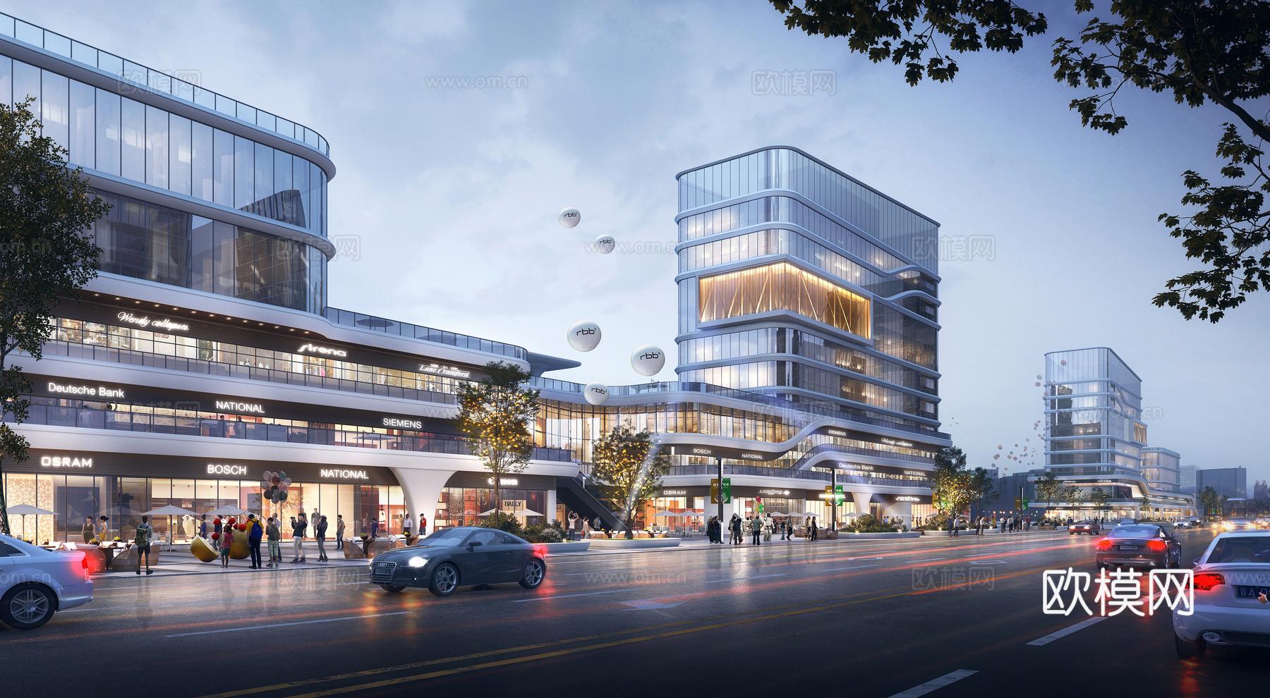 现代商业综合体，夜景，沿街3d模型下载