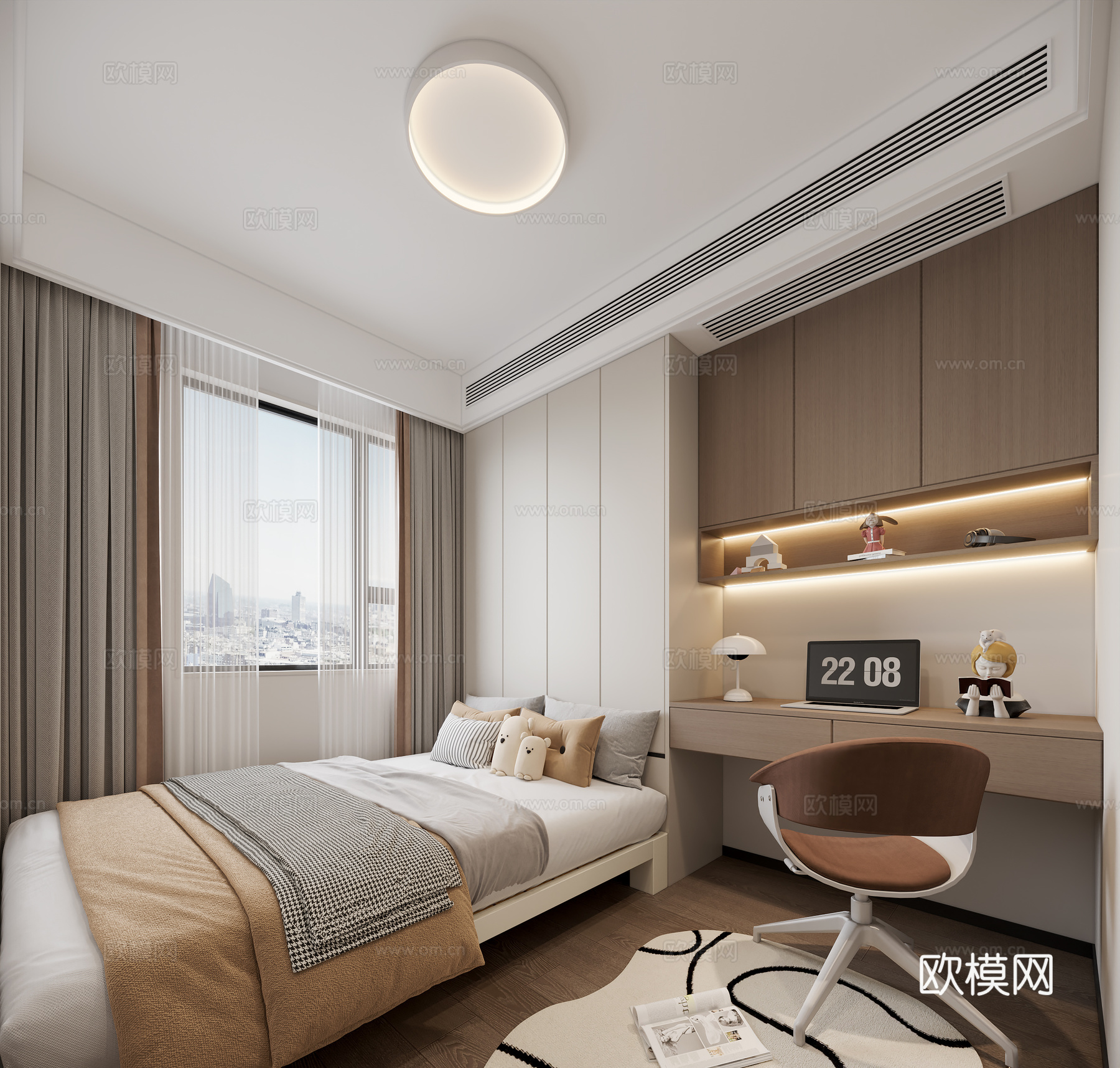 现代榻榻米卧室 书桌椅 书柜 吸顶灯 窗帘3d模型下载