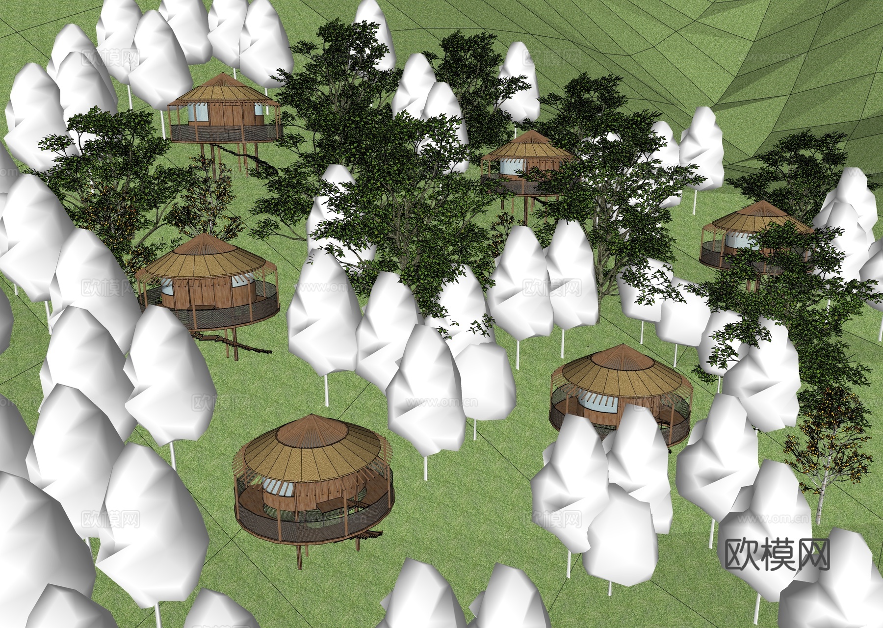 现代山地木屋酒店 圆形度假民宿su模型