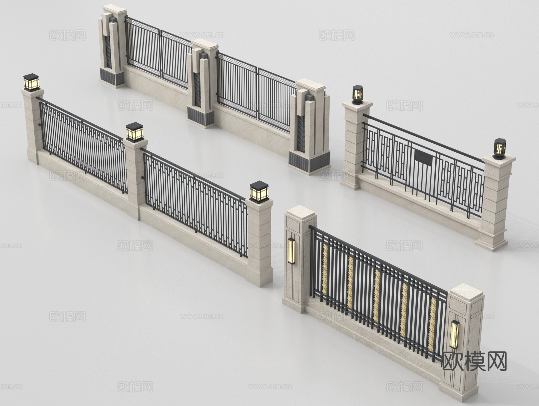 现代围墙 景墙 小区围墙 铁艺围栏su模型
