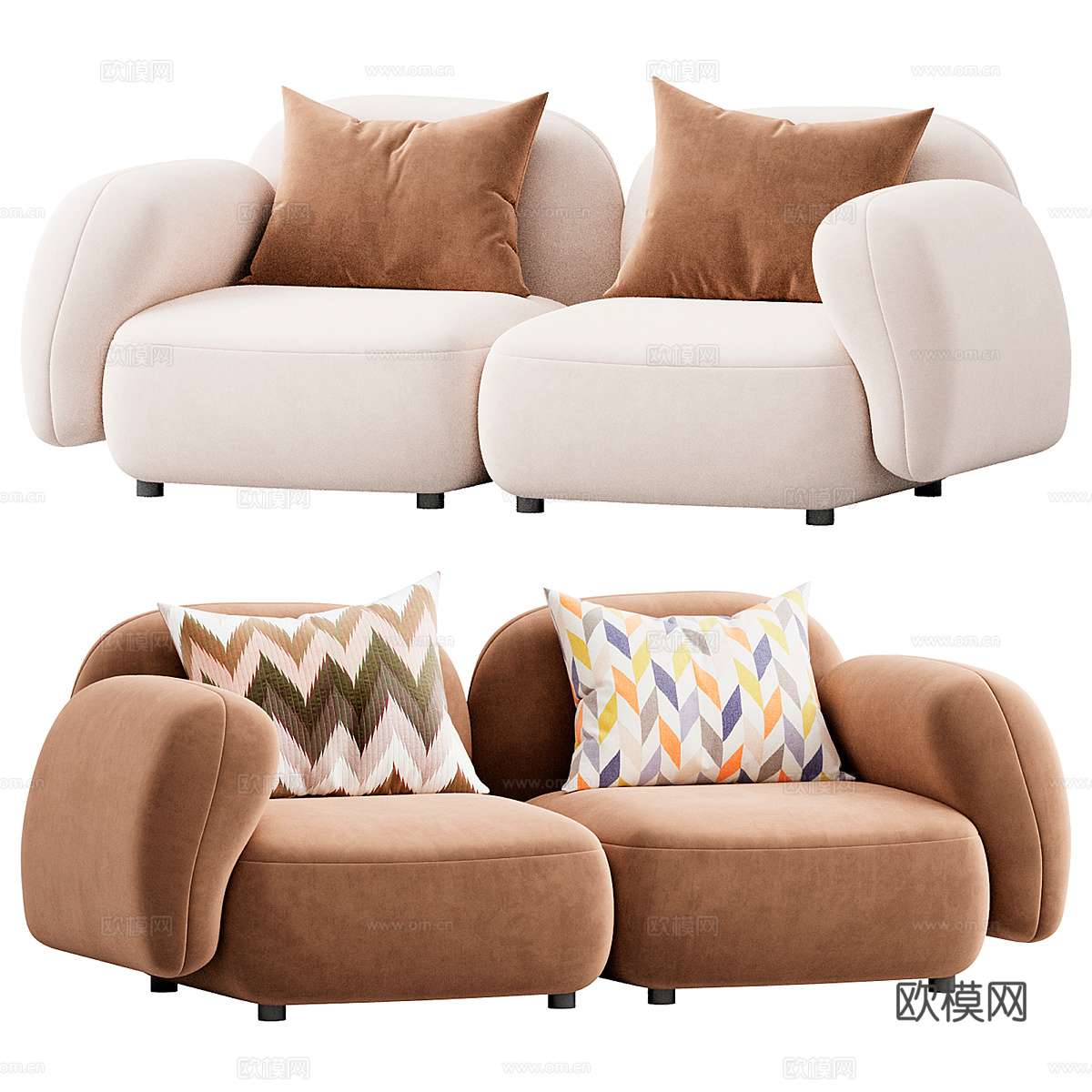 现代奶油风 Sundae 双人布艺休闲沙发3d模型下载（渲染图1）