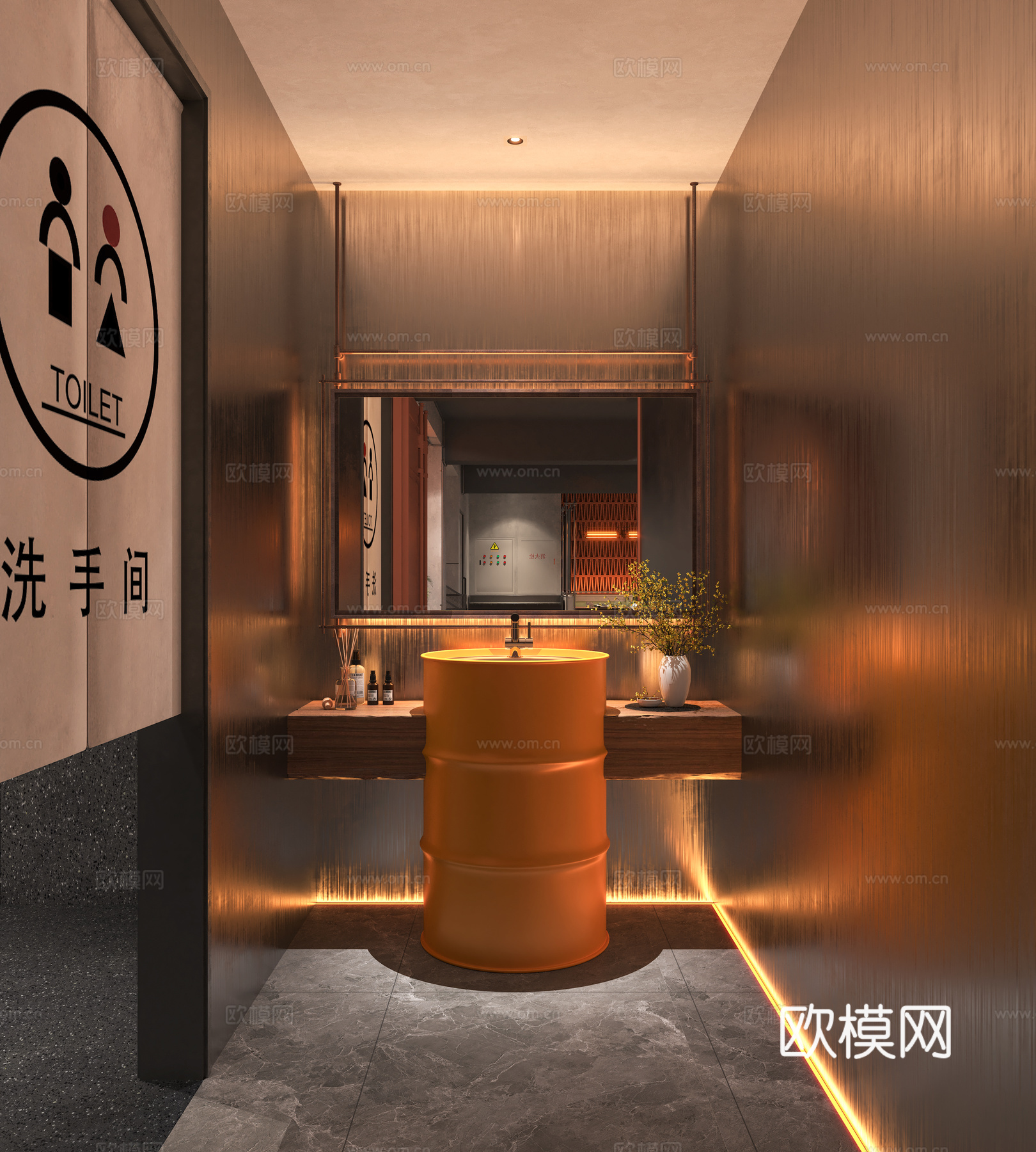 现代卫生间 工业风卫生间 油桶手盆 旧金属 装饰镜 门帘su模型