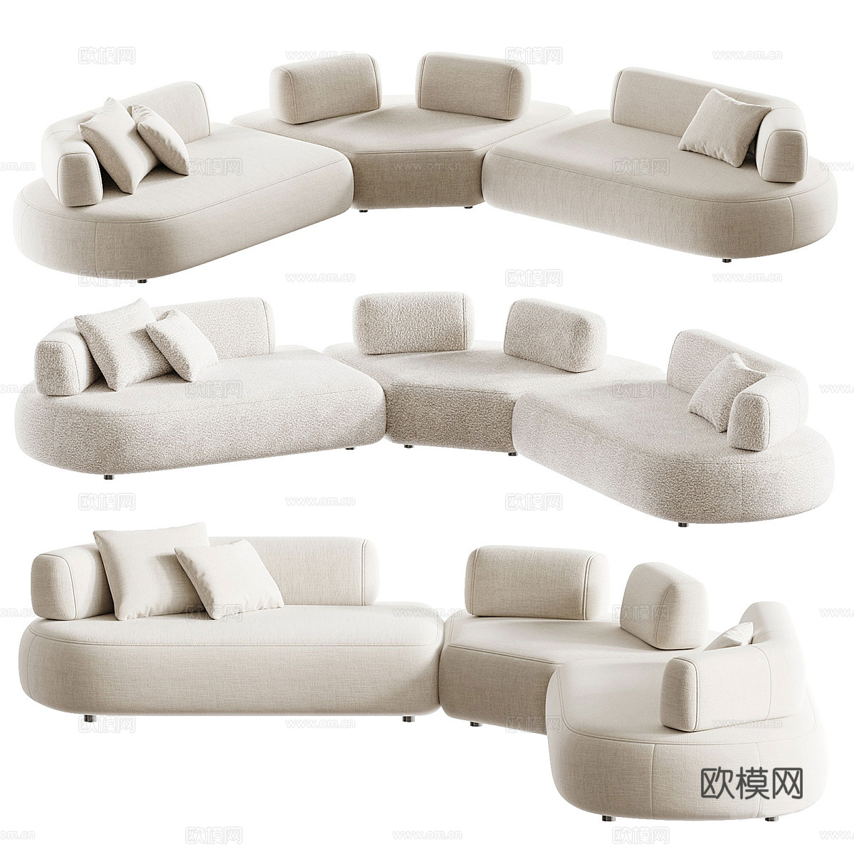现代奶油风布艺组合转角沙发3d模型下载（渲染图1）