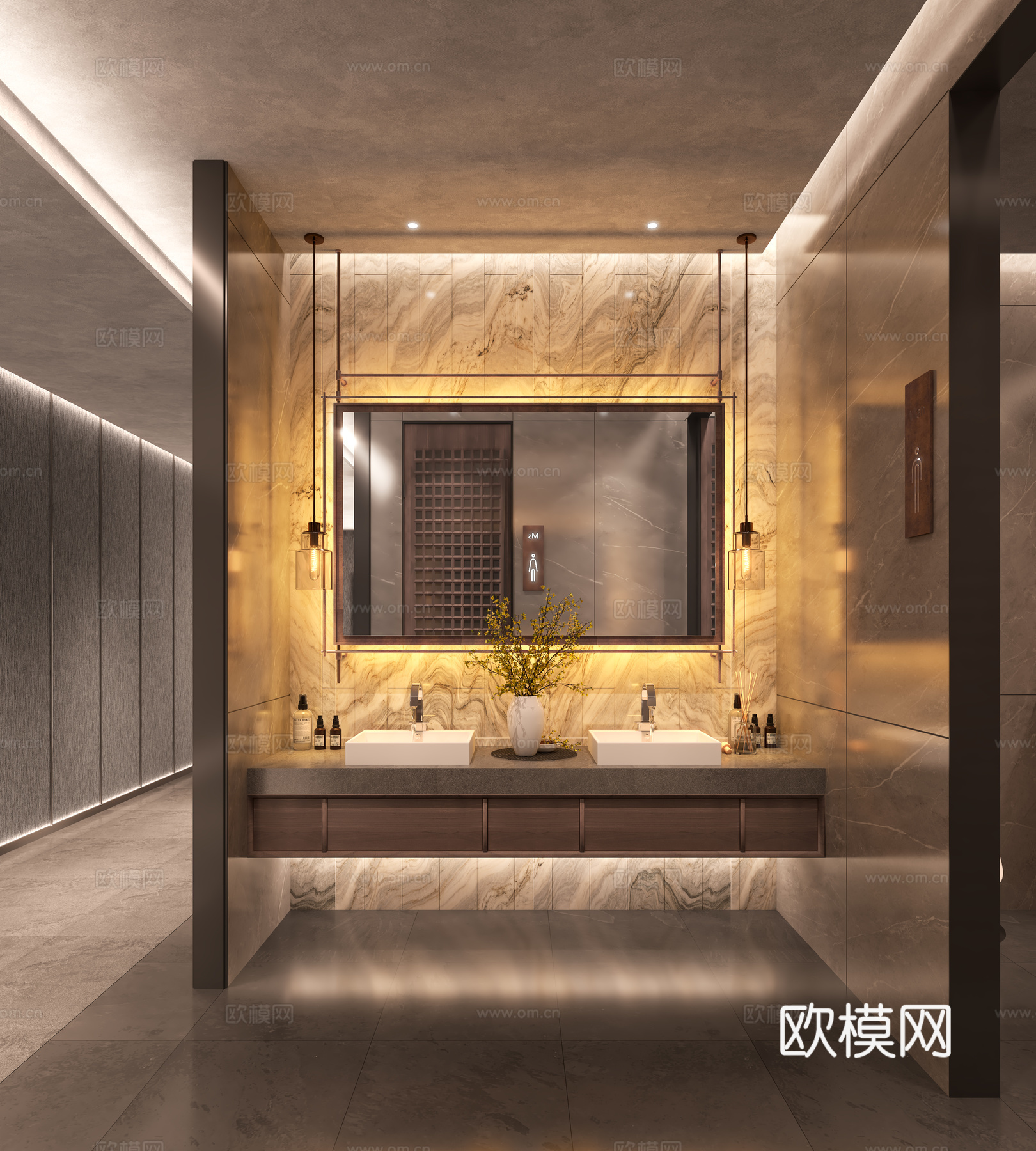 新中式卫生间 中古风  宋式美学 复古装饰镜  悬挑洗手台su模型