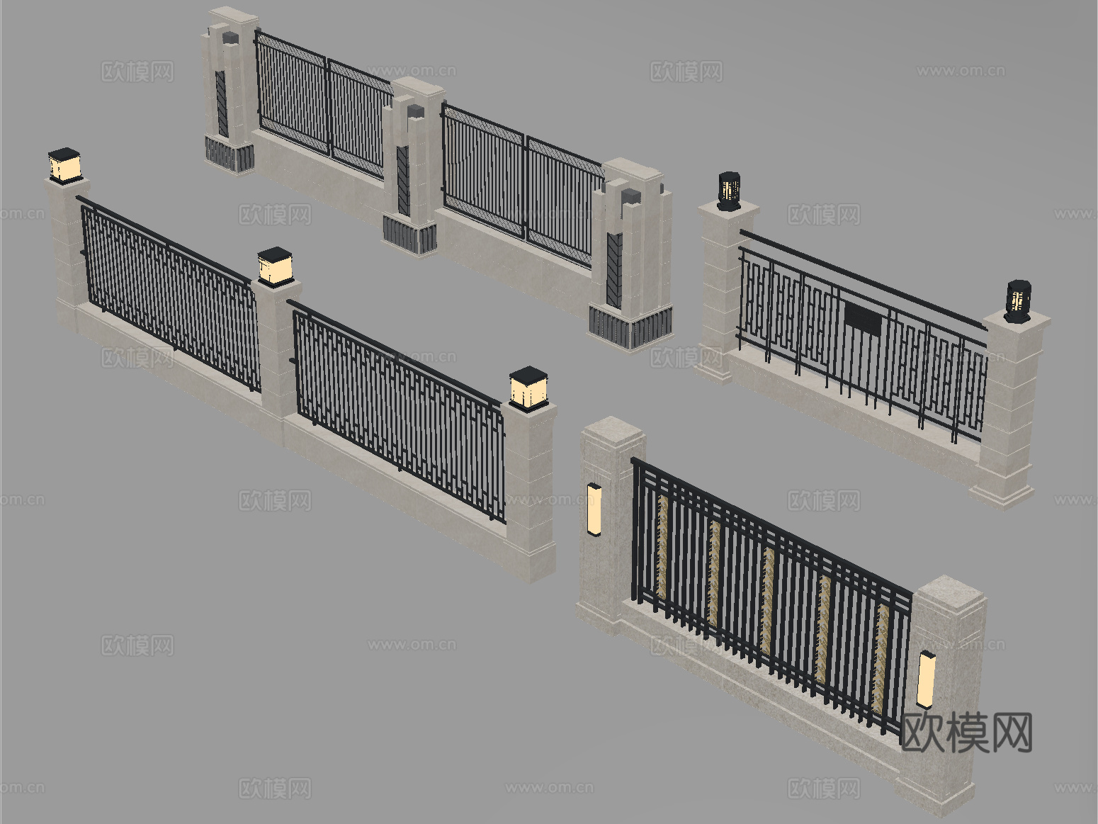 现代围墙 景墙 小区围墙 铁艺围栏su模型