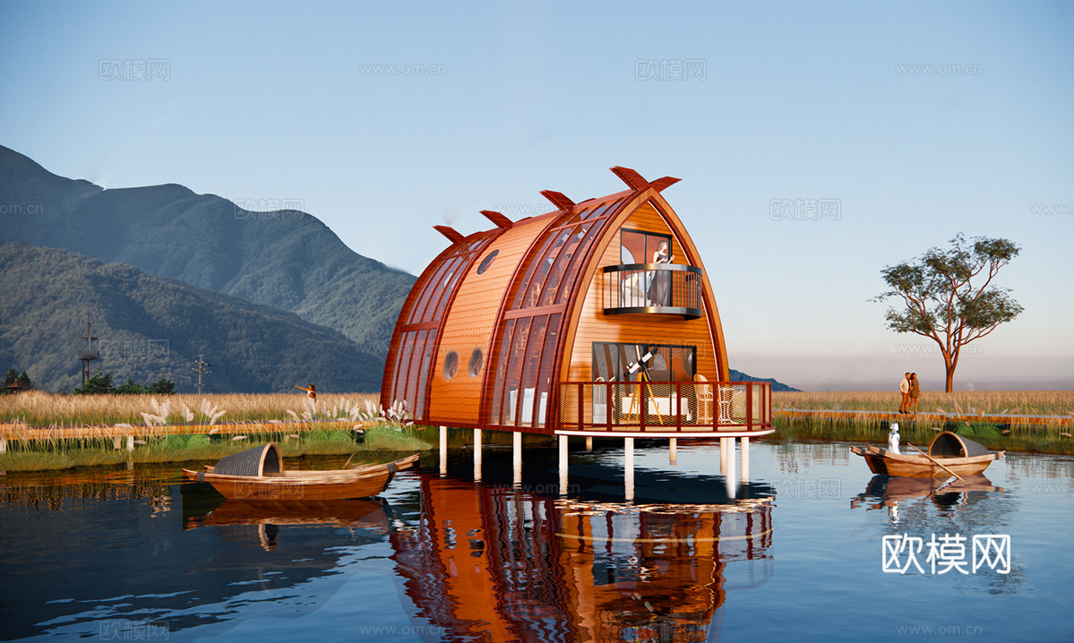现代滨水民宿 木屋 船型民宿su模型