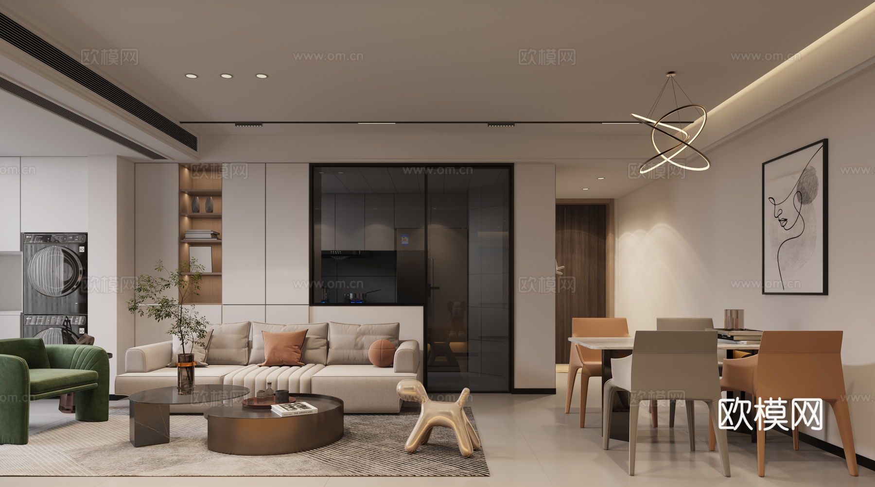 奶油风客餐厅3d模型下载（渲染图1）