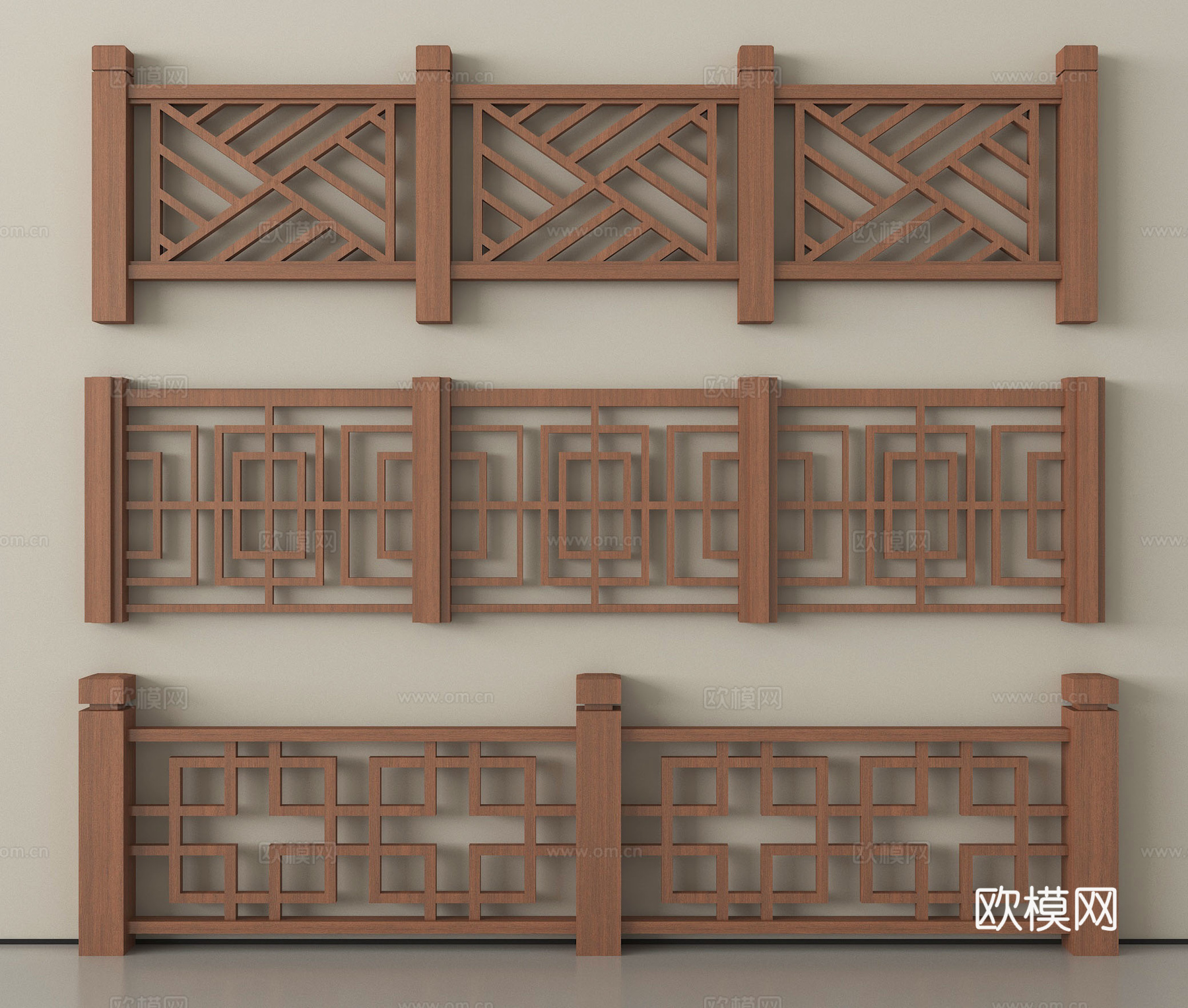 新中式栏杆护栏 栅栏围栏 实木围栏护栏 扶手su模型