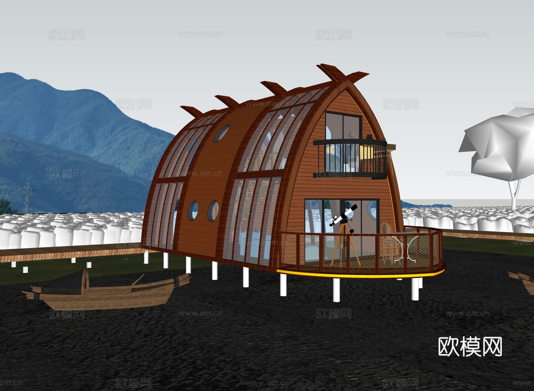 现代滨水民宿 木屋 船型民宿su模型