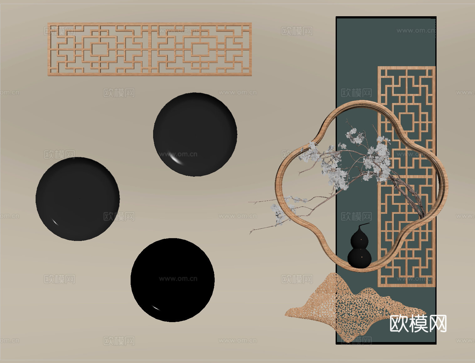 新中式墙饰挂件 立体墙饰su模型
