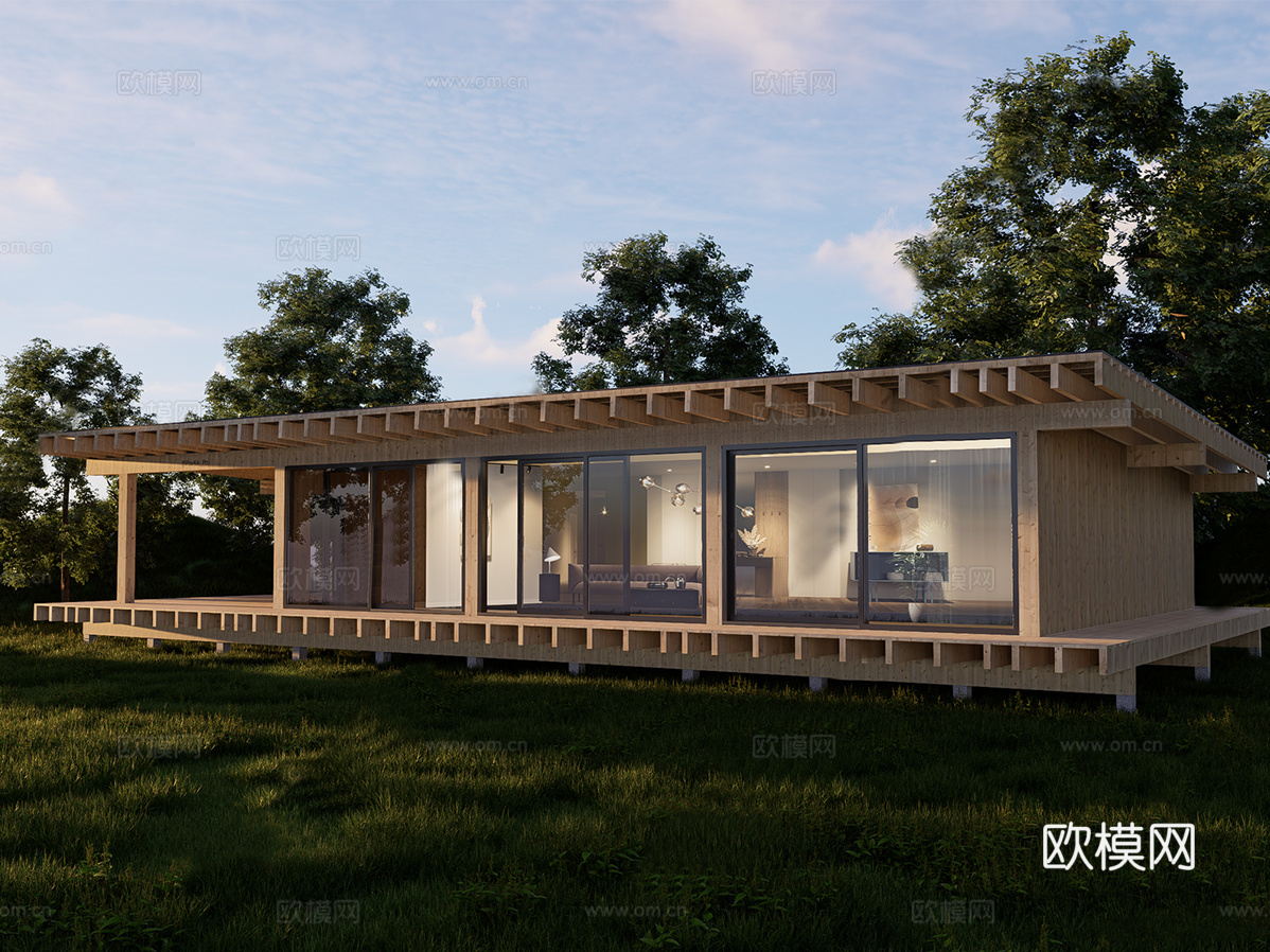 原木简约木屋 现代户外木屋度假su模型