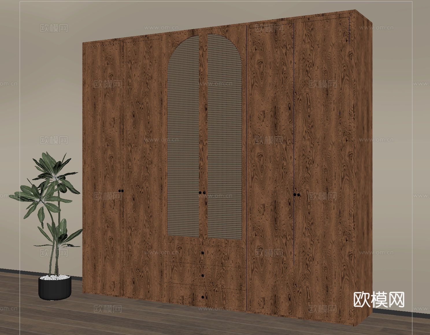 侘寂中古风藤编衣柜 实木su模型