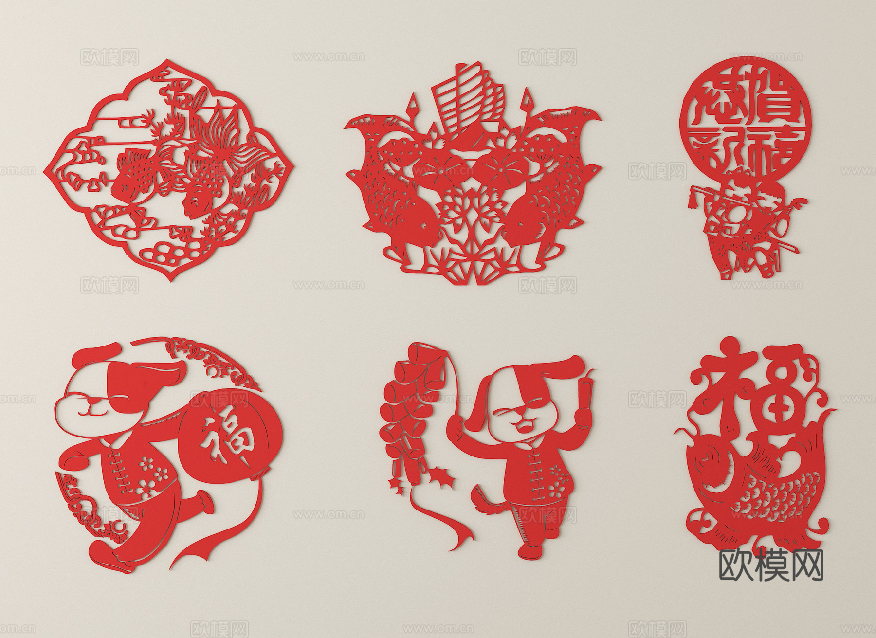 中式剪纸 窗花 墙饰su模型