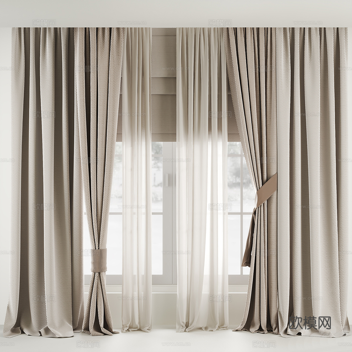 新中式丝绸棉麻布艺窗帘3d模型下载（渲染图4）