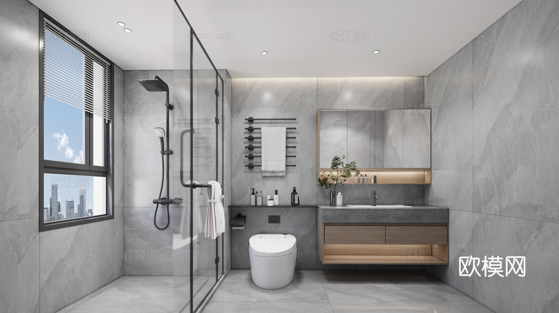 现代简约卫生间_干湿分离卫生间_现代卫生间_马桶_淋浴su模型