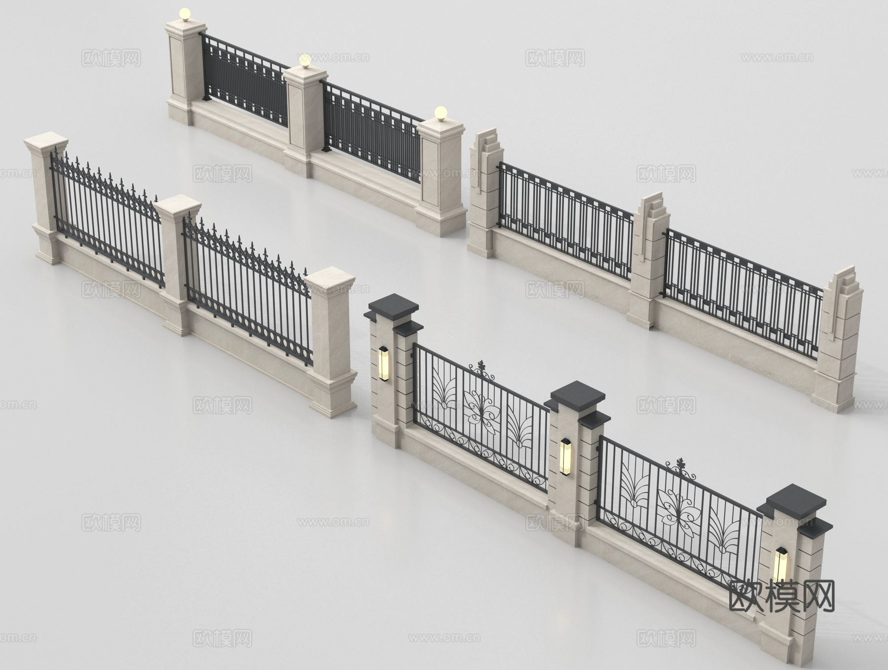 现代围墙 景墙 小区围墙 铁艺围栏su模型