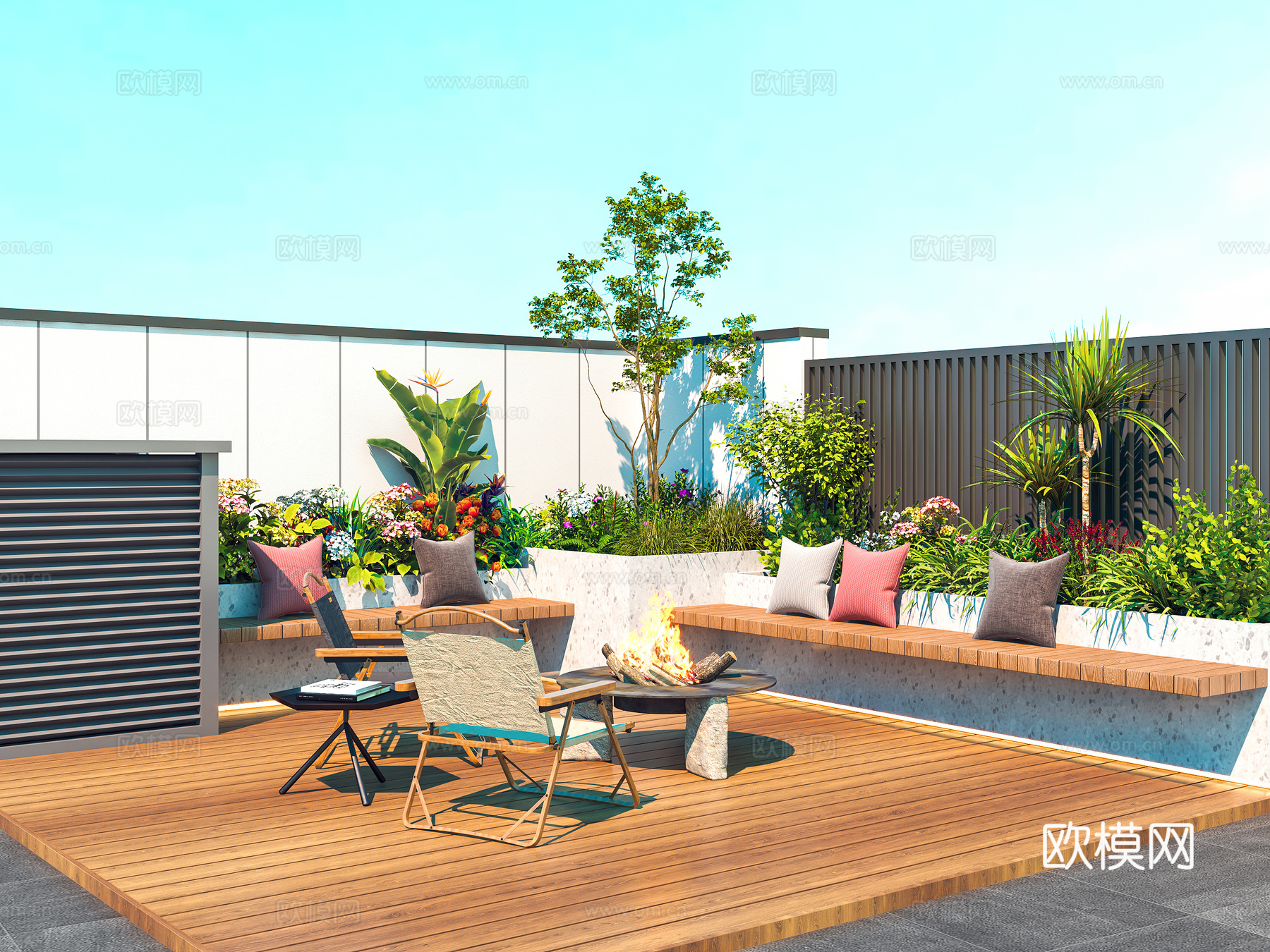 景观花坛 庭院绿植花池 坐凳 庭院景观花池su模型