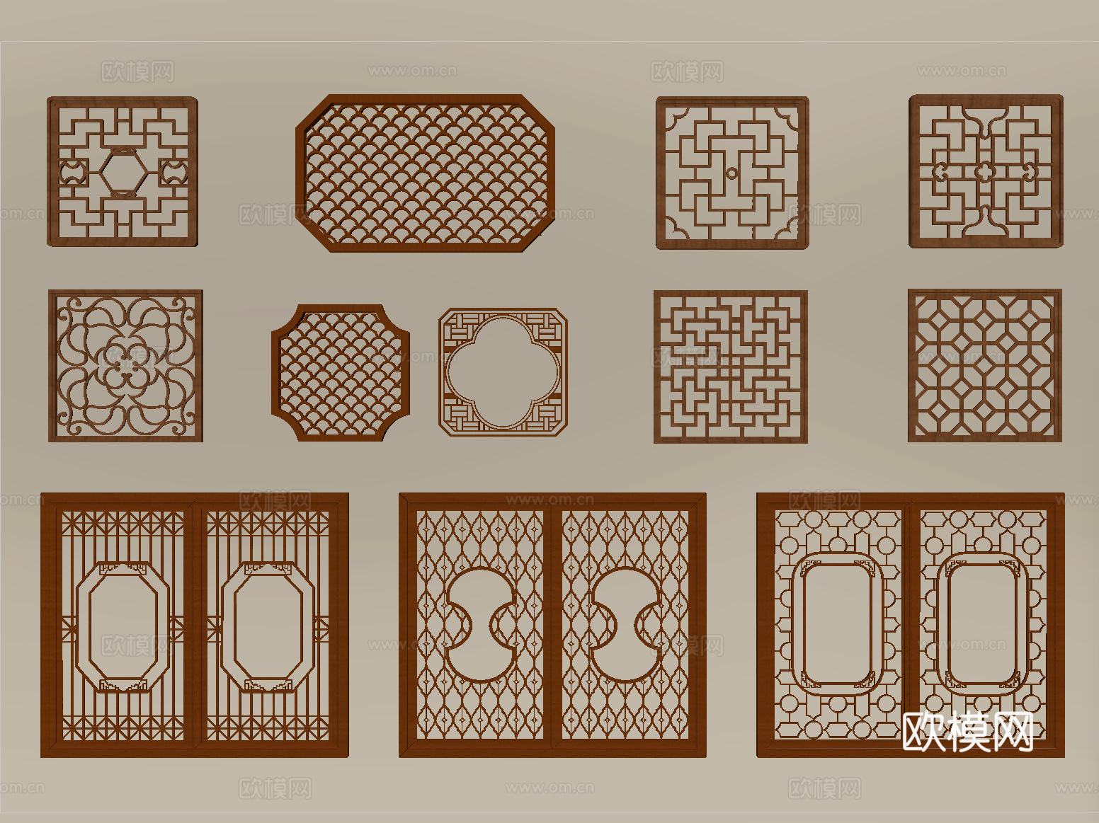 新中式镂花窗 雕花窗户 花格木窗 园林花窗 镂空花格窗su模型