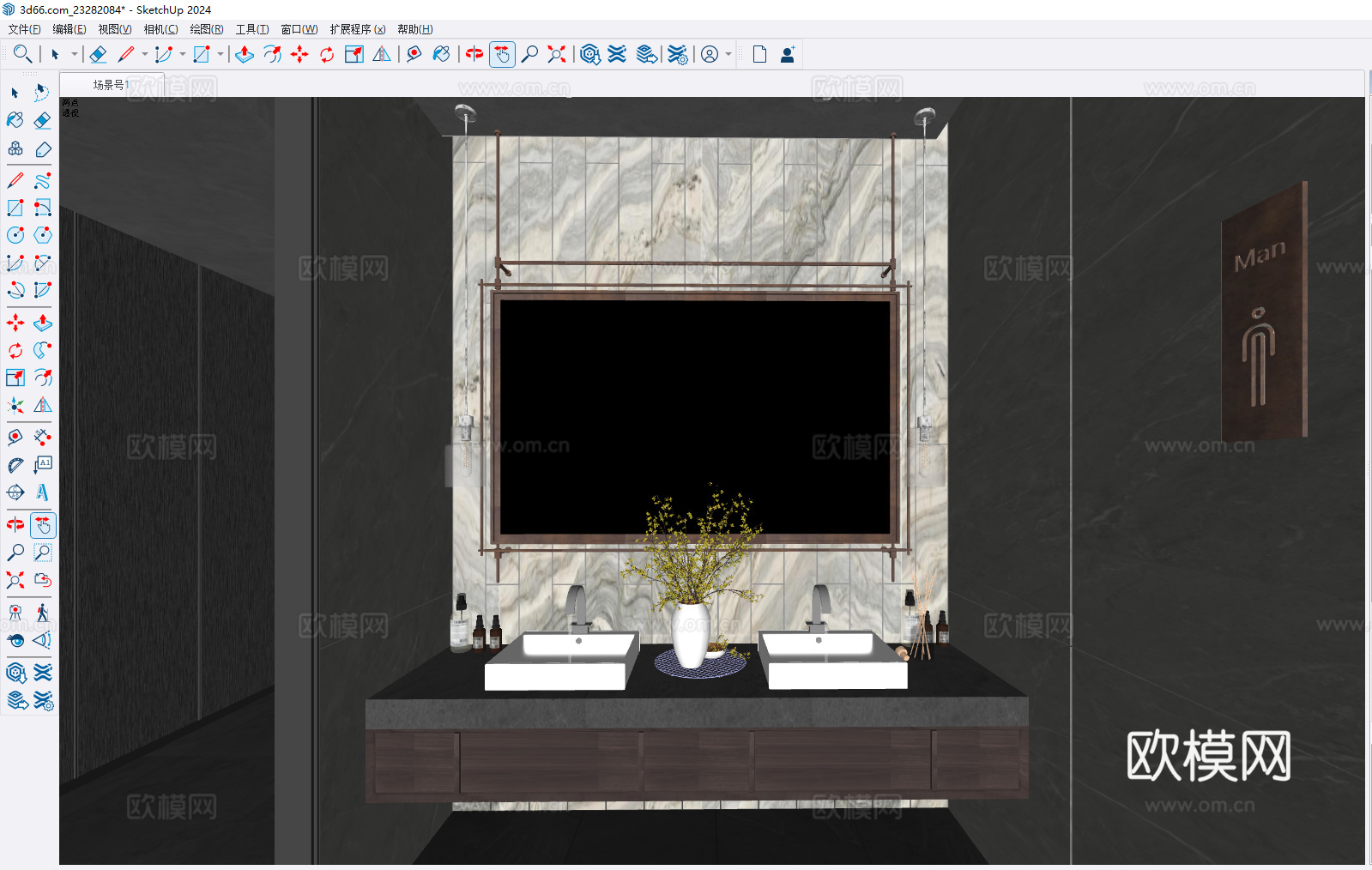 新中式卫生间 中古风  宋式美学 复古装饰镜  悬挑洗手台su模型