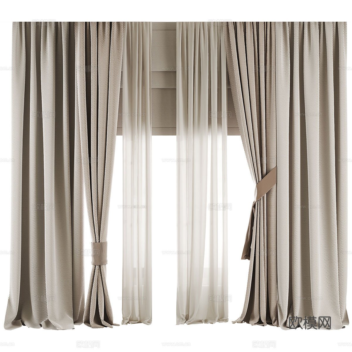 新中式丝绸棉麻布艺窗帘3d模型下载（渲染图1）