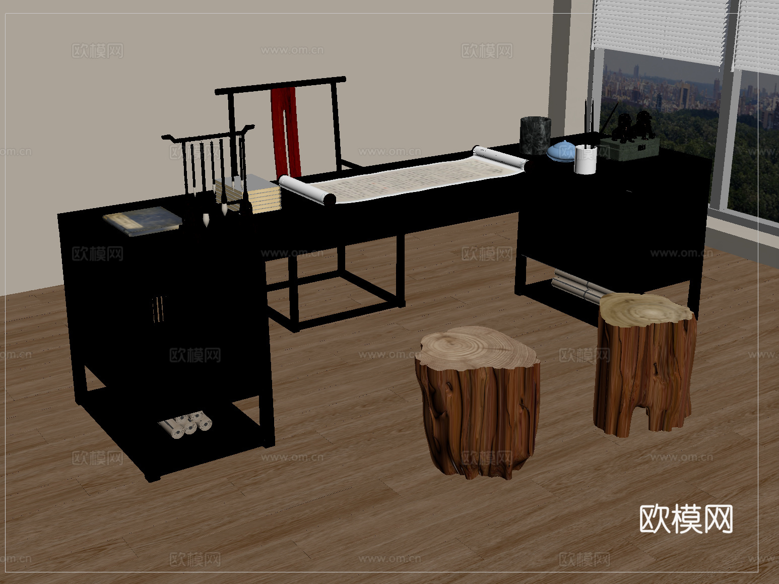 新中式办公桌椅组合 书桌椅su模型