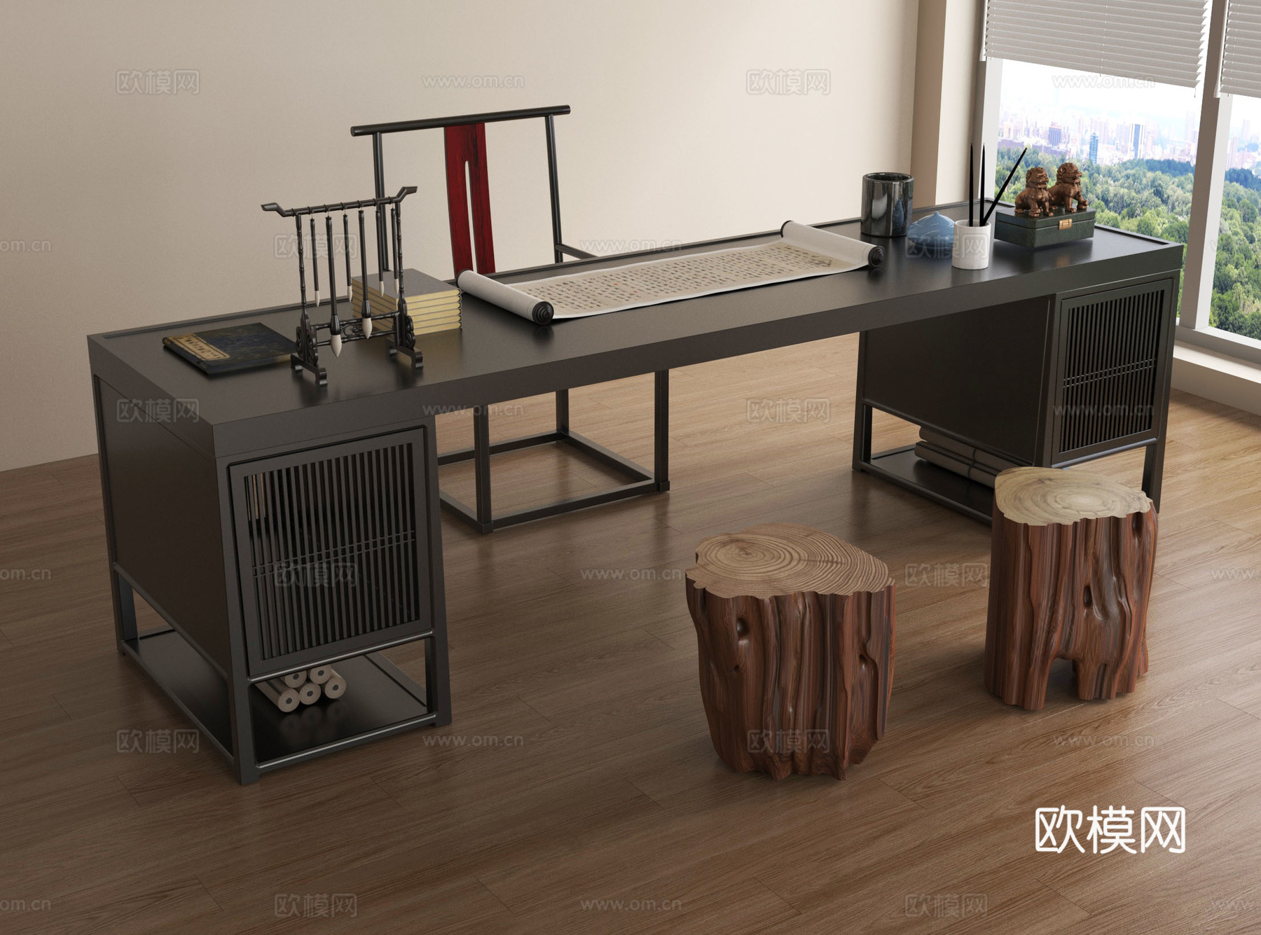 新中式办公桌椅组合 书桌椅su模型