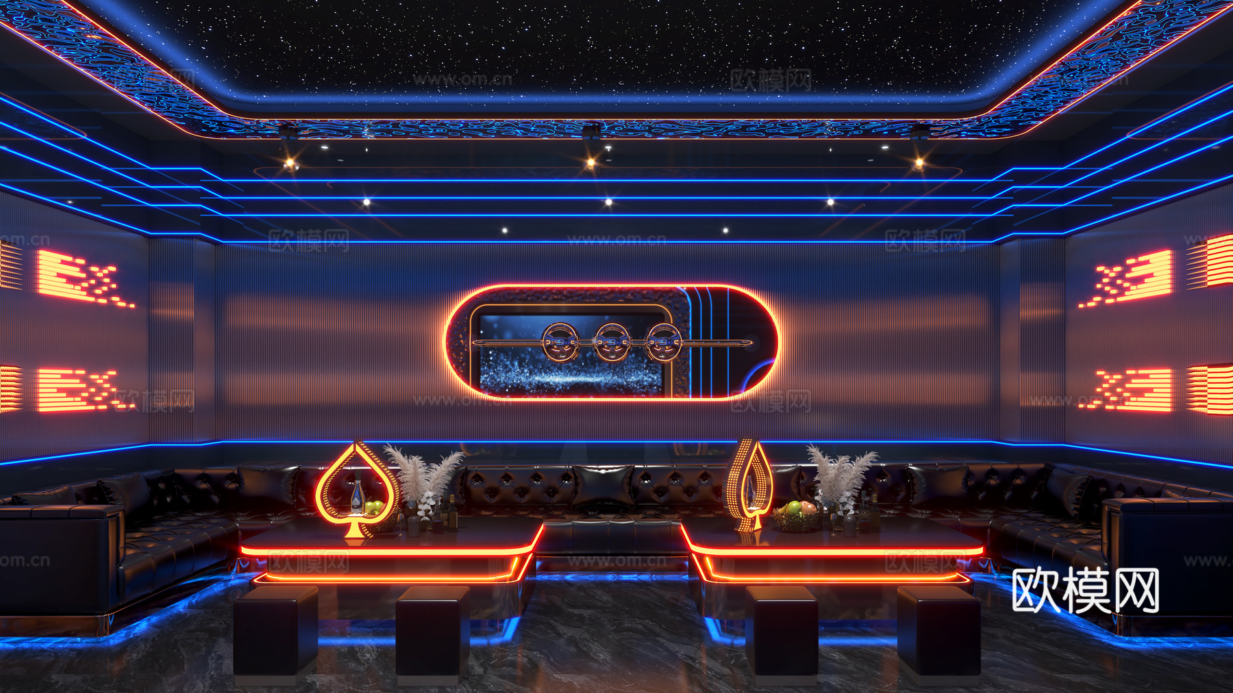 KTV包厢  包房  沙发组合 发光茶几 线条灯 波纹板su模型