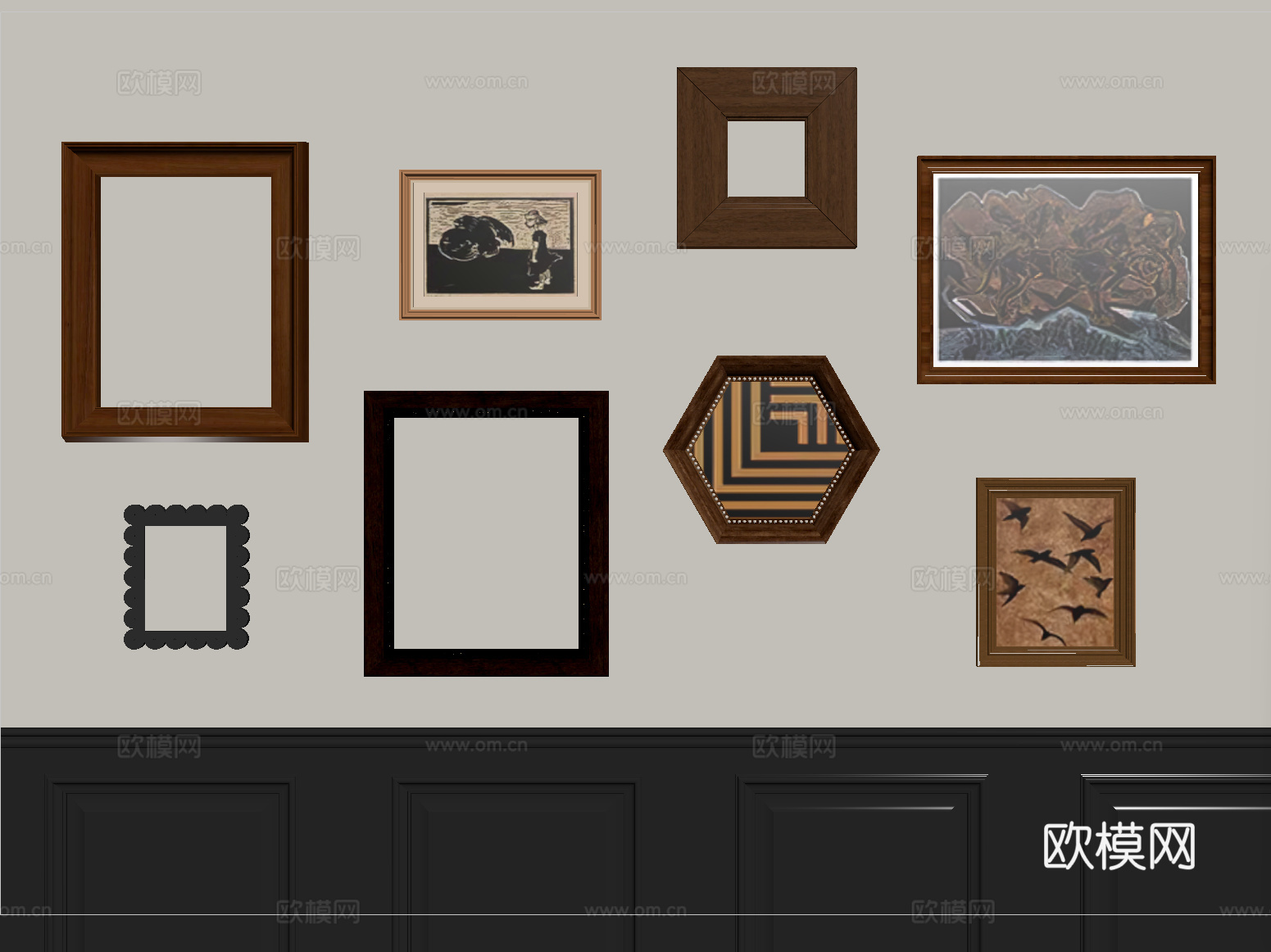 中古复古相框 画框 照片墙 挂画su模型