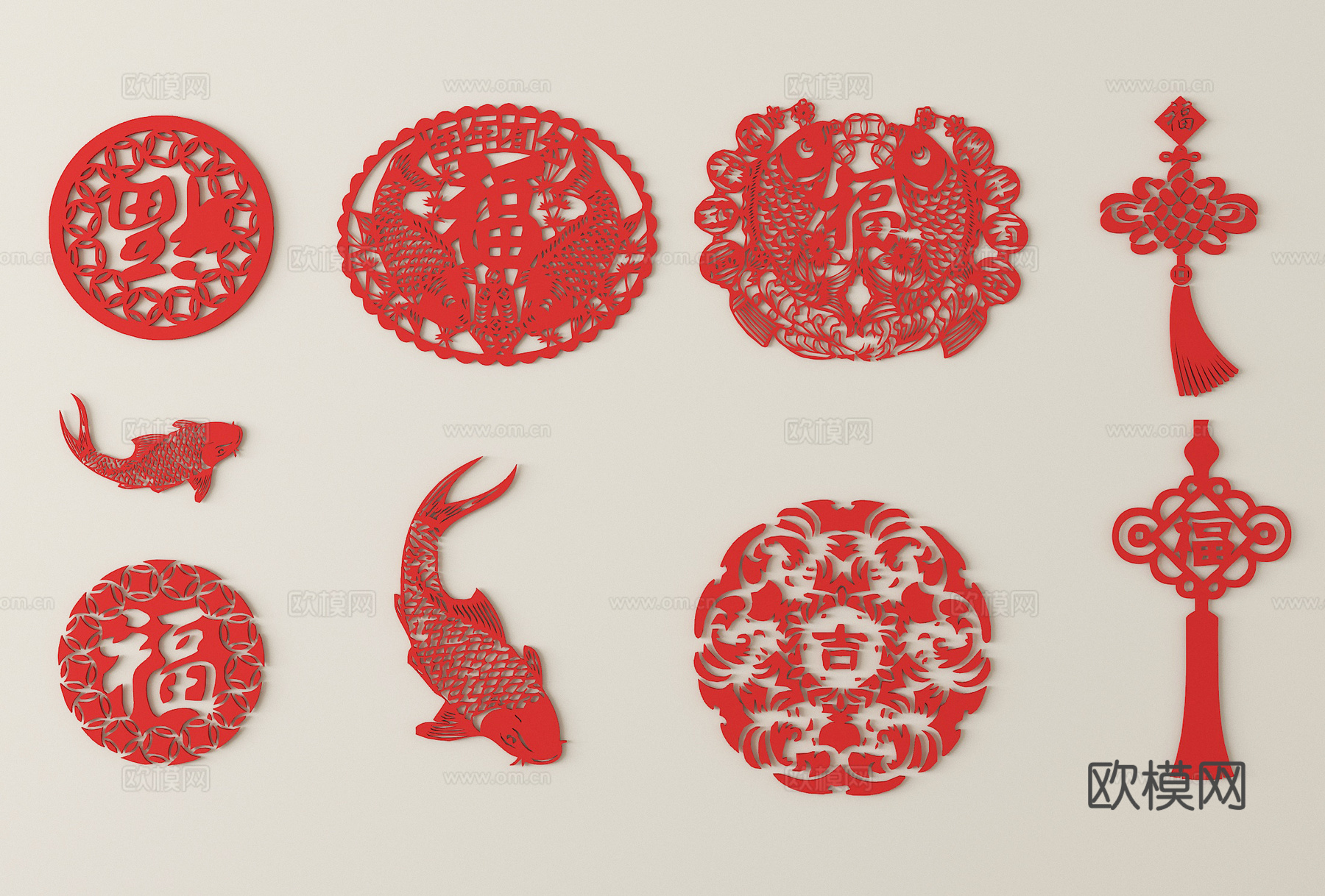 中式剪纸 窗花 剪影墙饰su模型