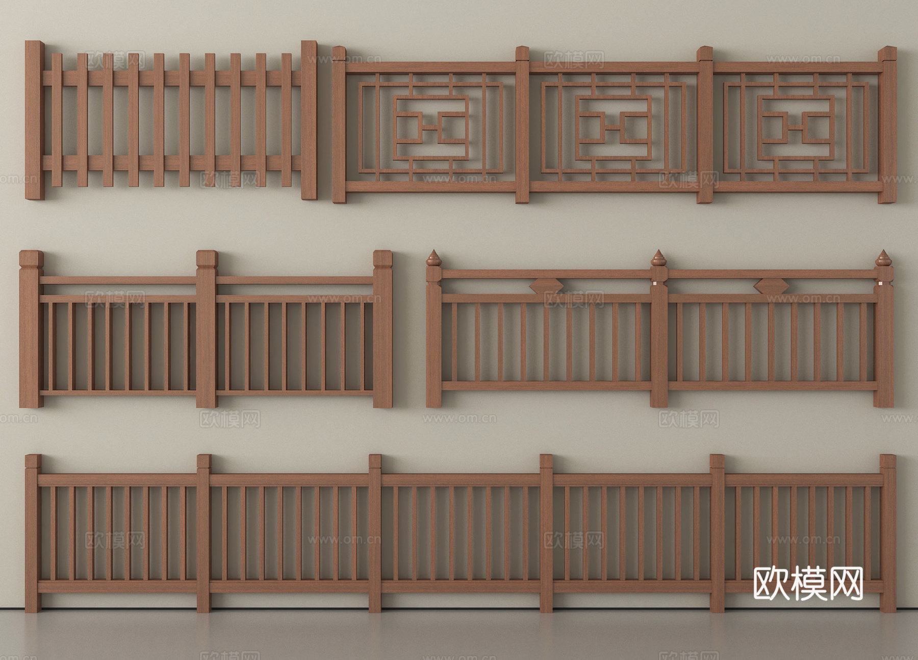 新中式栏杆护栏 栅栏围栏 实木围栏护栏 扶手su模型