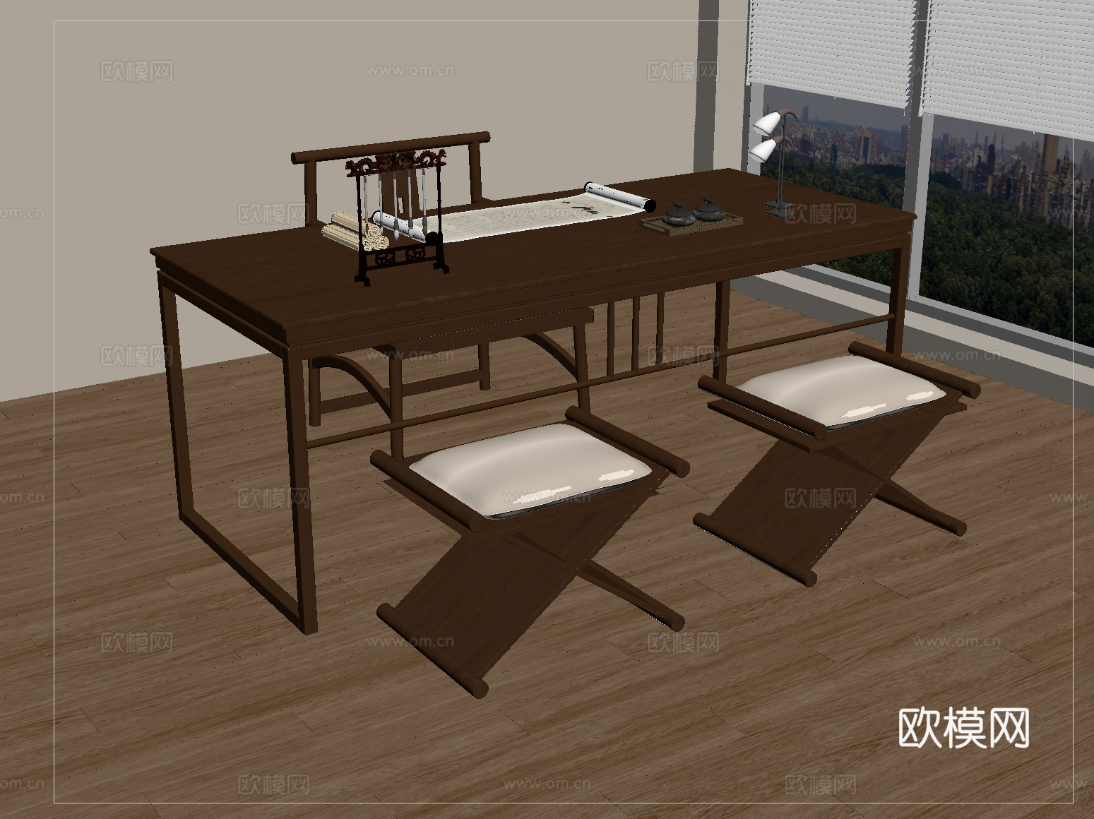 新中式办公桌椅组合 书桌椅su模型