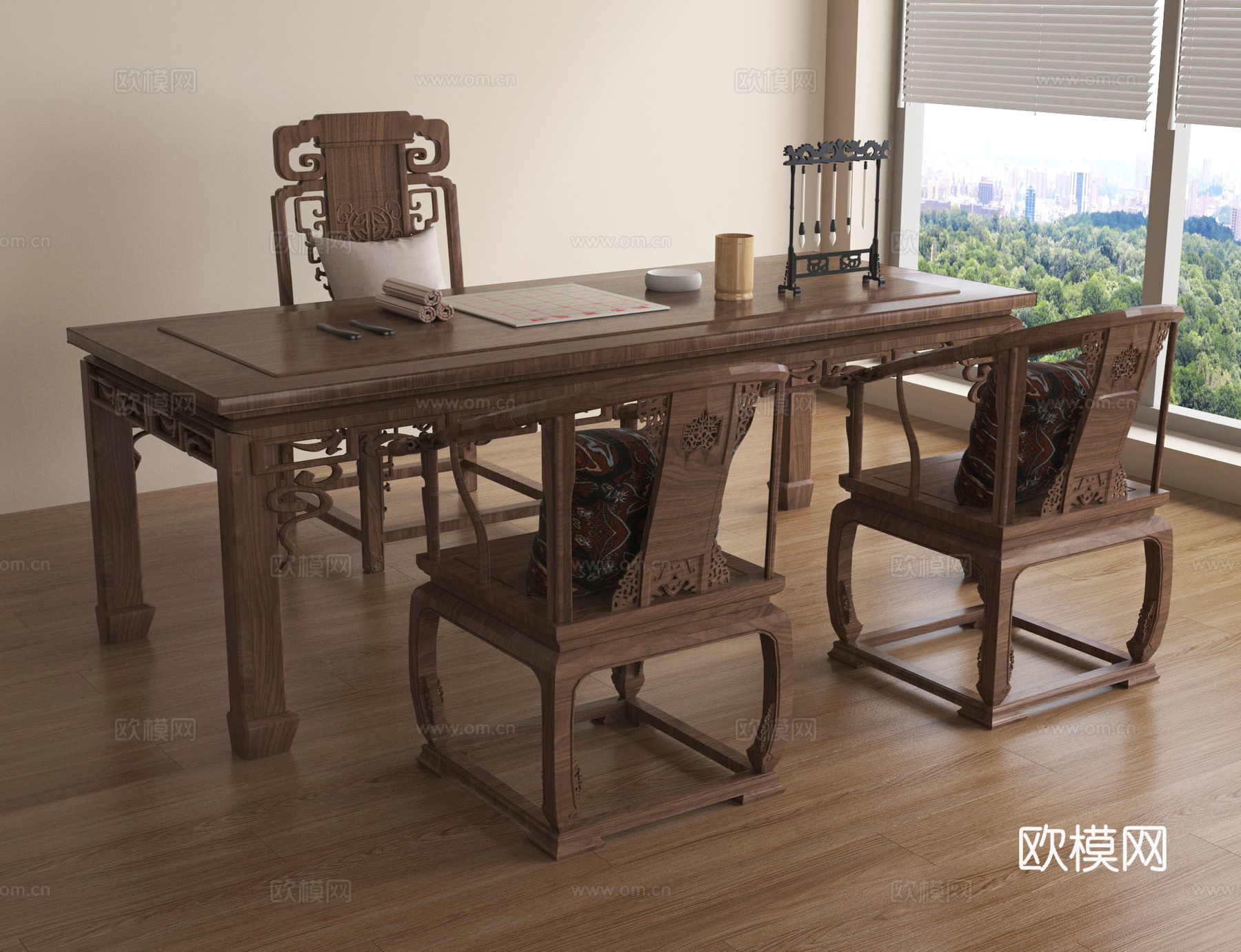 新中式办公桌椅组合 书桌椅su模型