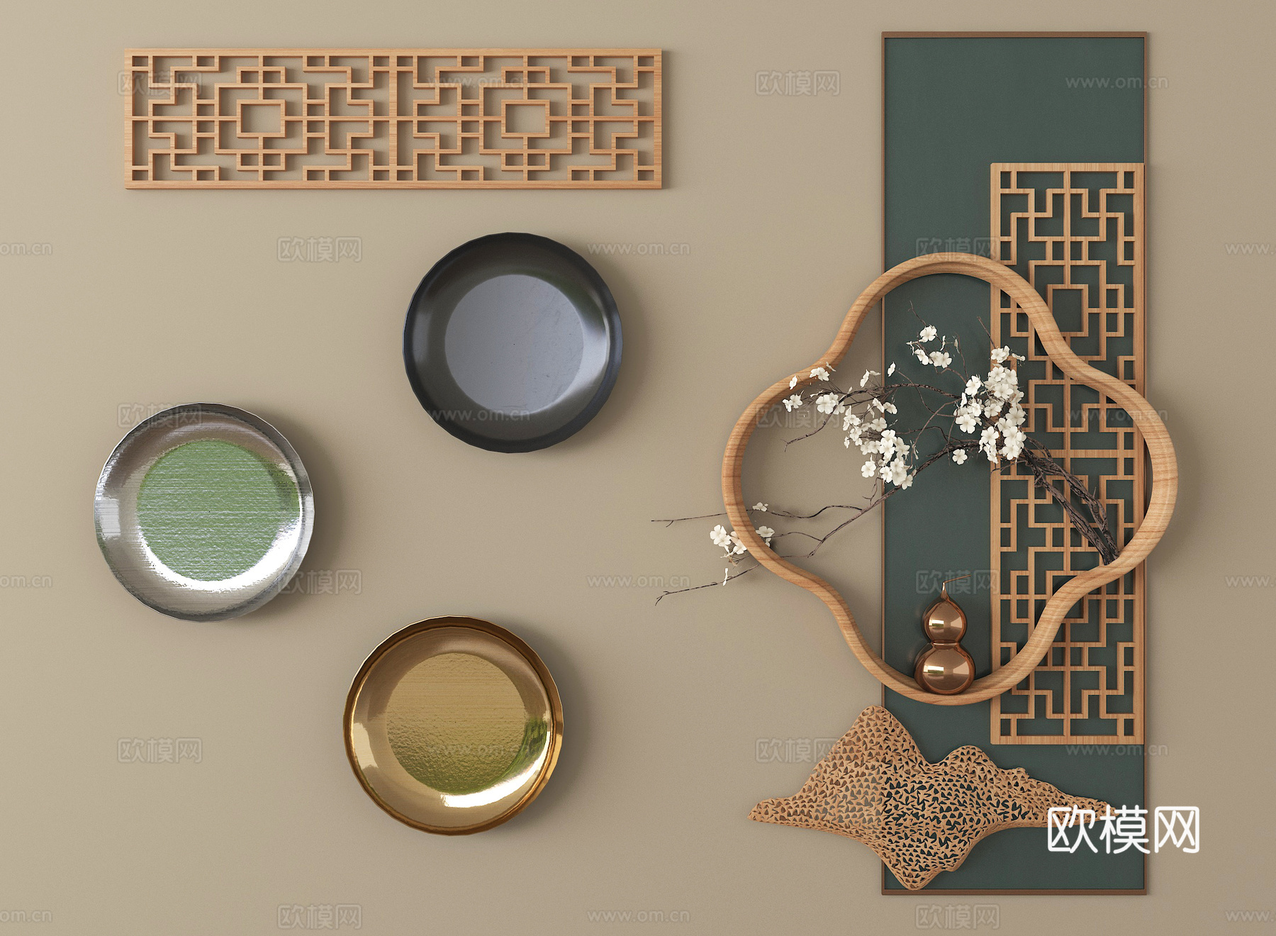 新中式墙饰挂件 立体墙饰su模型