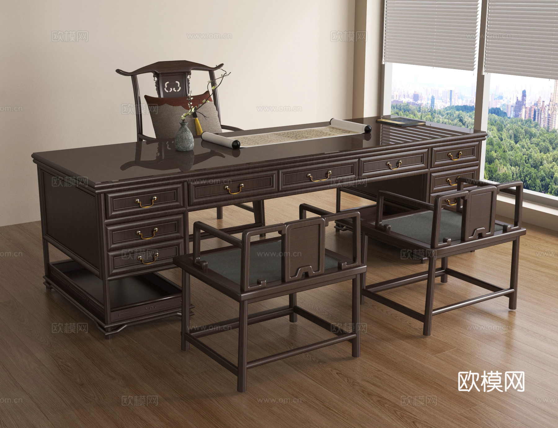 新中式办公桌椅组合 书桌椅su模型