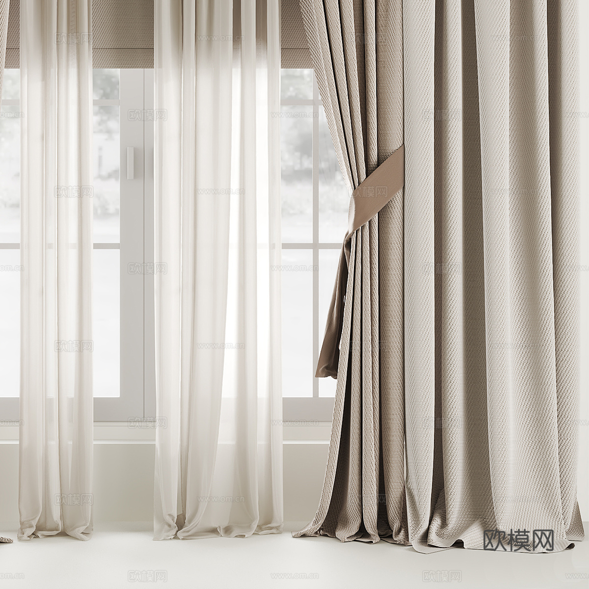 新中式丝绸棉麻布艺窗帘3d模型下载（渲染图3）