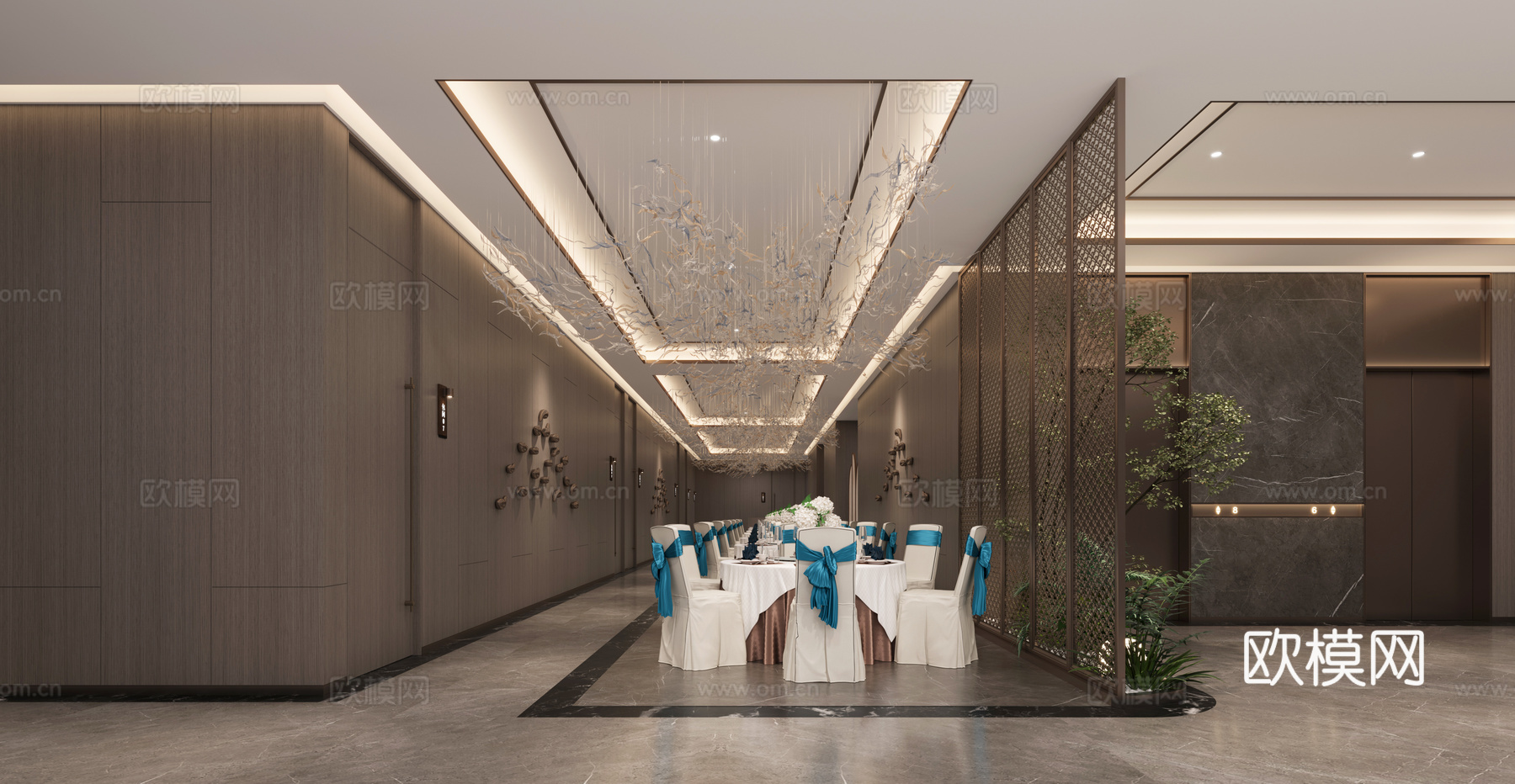 酒店过道 酒店走廊 电梯 餐桌椅 装饰品 墙饰 吊灯 屏风3d模型