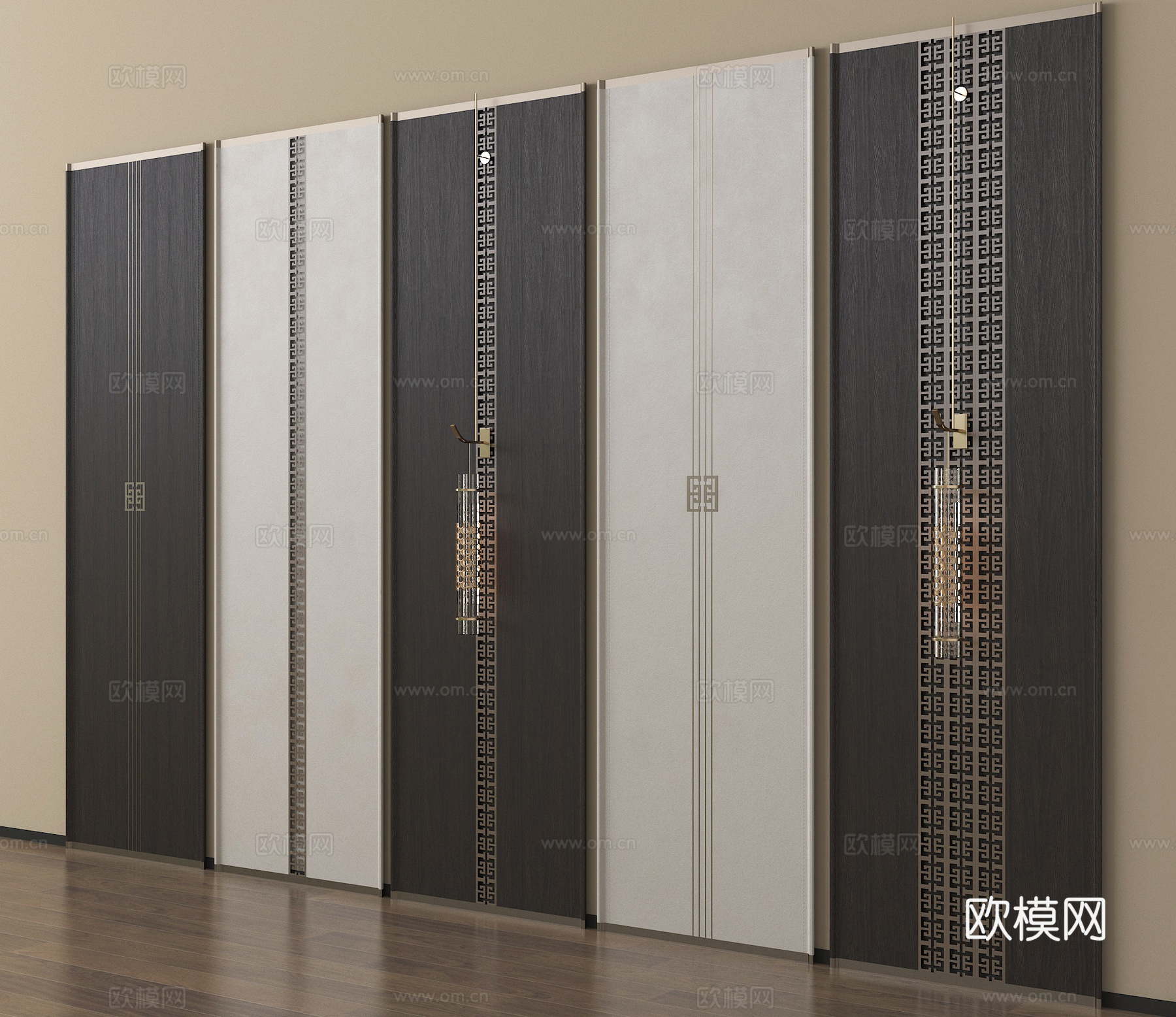 新中式护墙板 木饰面背景墙 墙饰板su模型