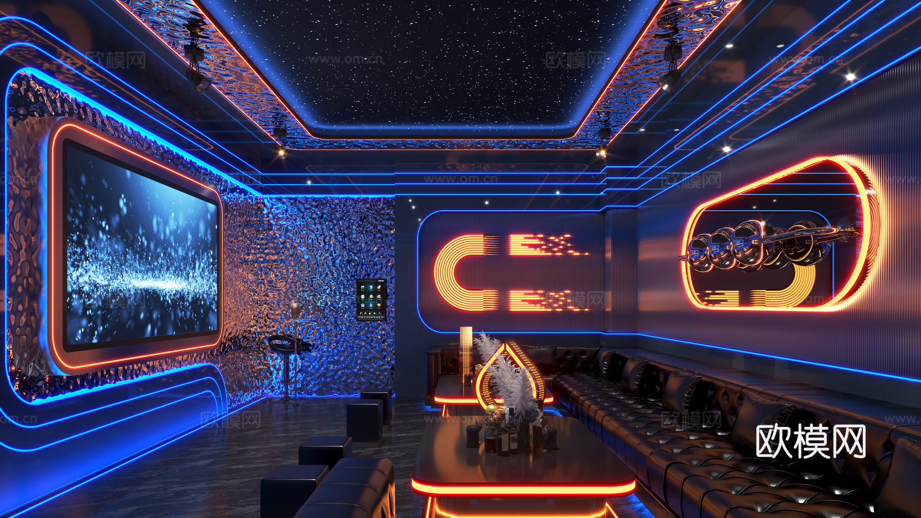 KTV包厢  包房  沙发组合 发光茶几 线条灯 波纹板su模型