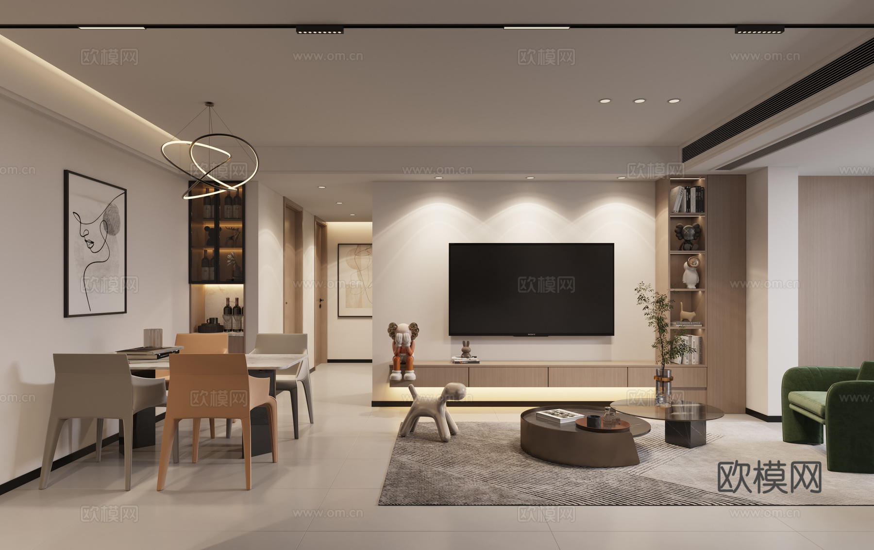 奶油风客餐厅3d模型下载（渲染图3）